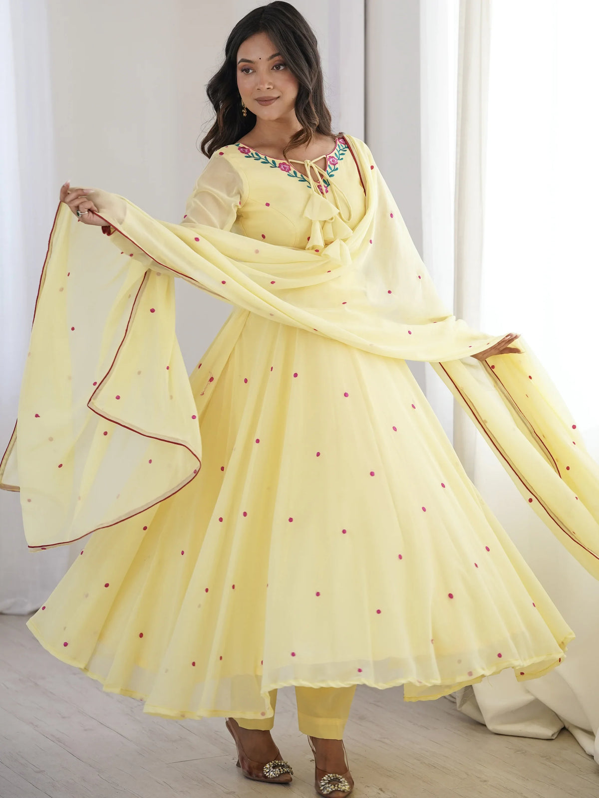 Dazzling Yellow Thread Work Georgette Haldi Wear Anarkali Suit