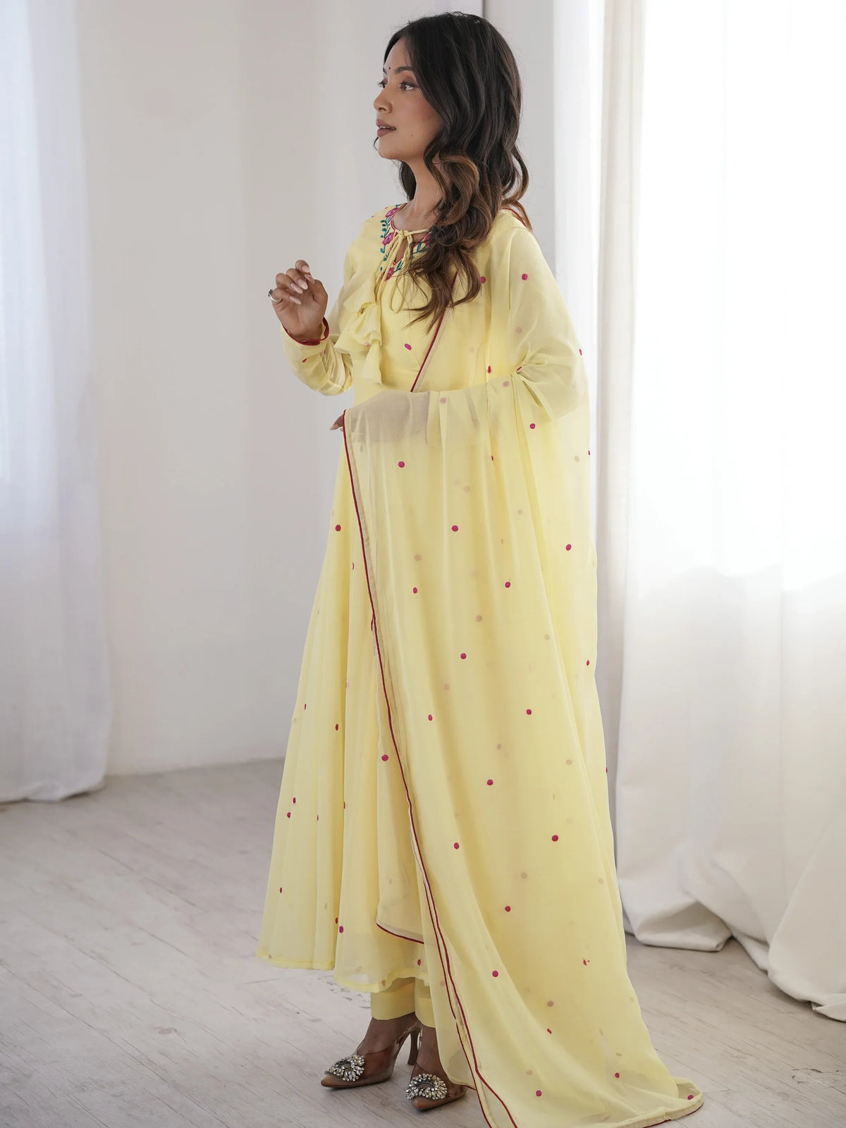 Dazzling Yellow Thread Work Georgette Haldi Wear Anarkali Suit