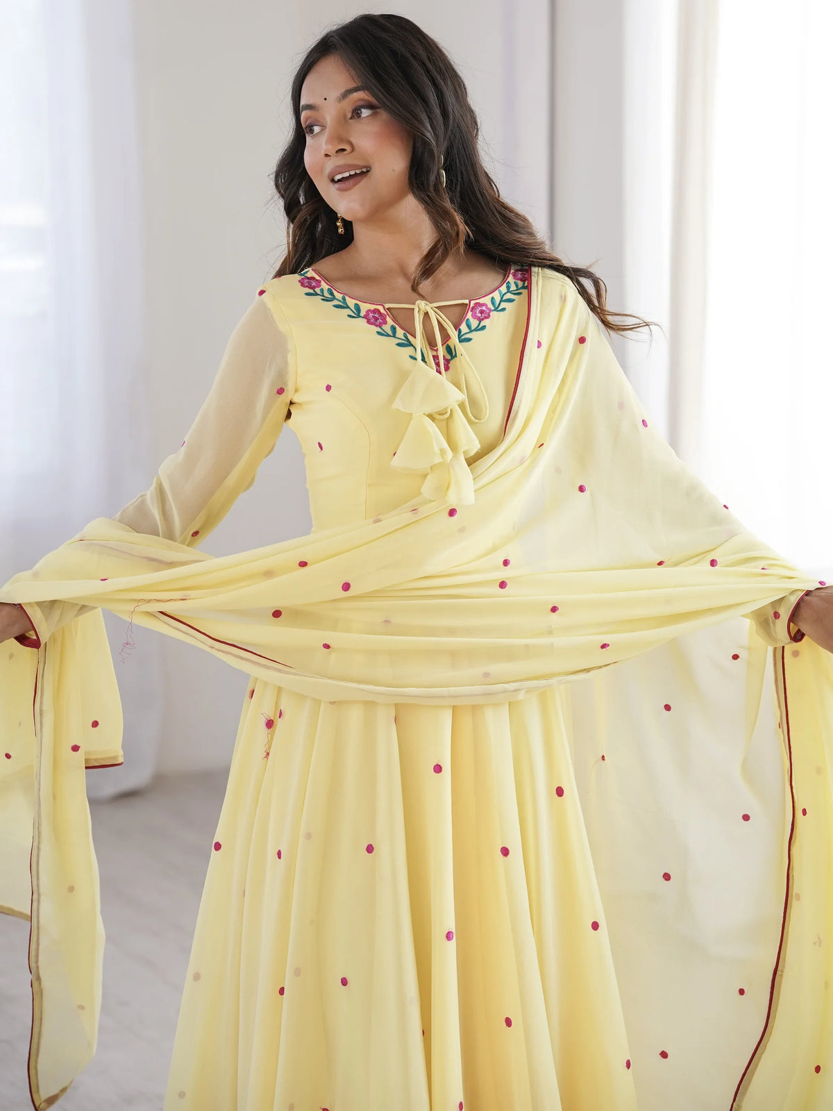 Dazzling Yellow Thread Work Georgette Haldi Wear Anarkali Suit