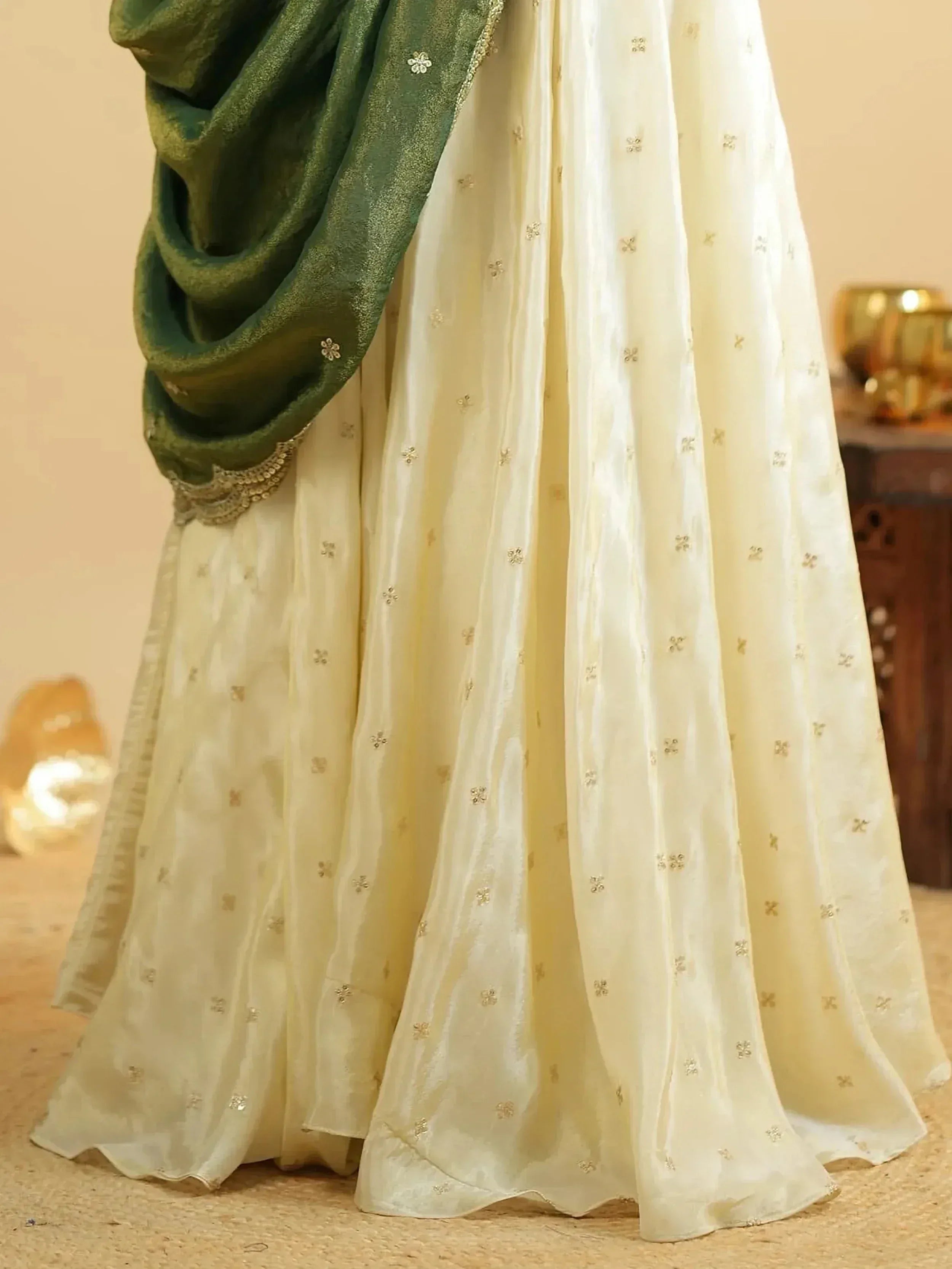Cream embroidered lehenga with green velvet dupatta, Indian ethnic wear