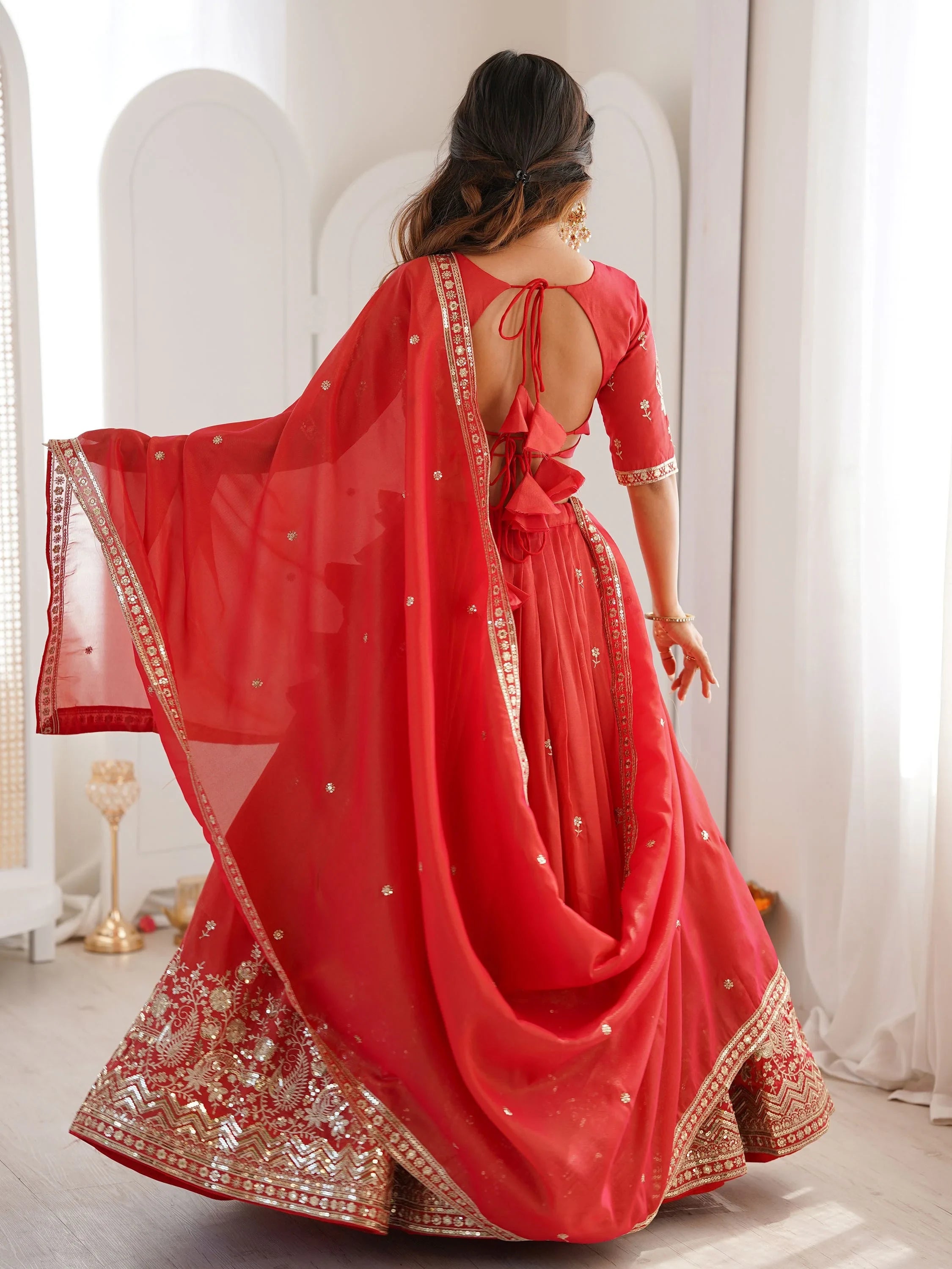Mesmerizing Orange Thread Work Silk Wedding Lehenga Choli With Dupatta