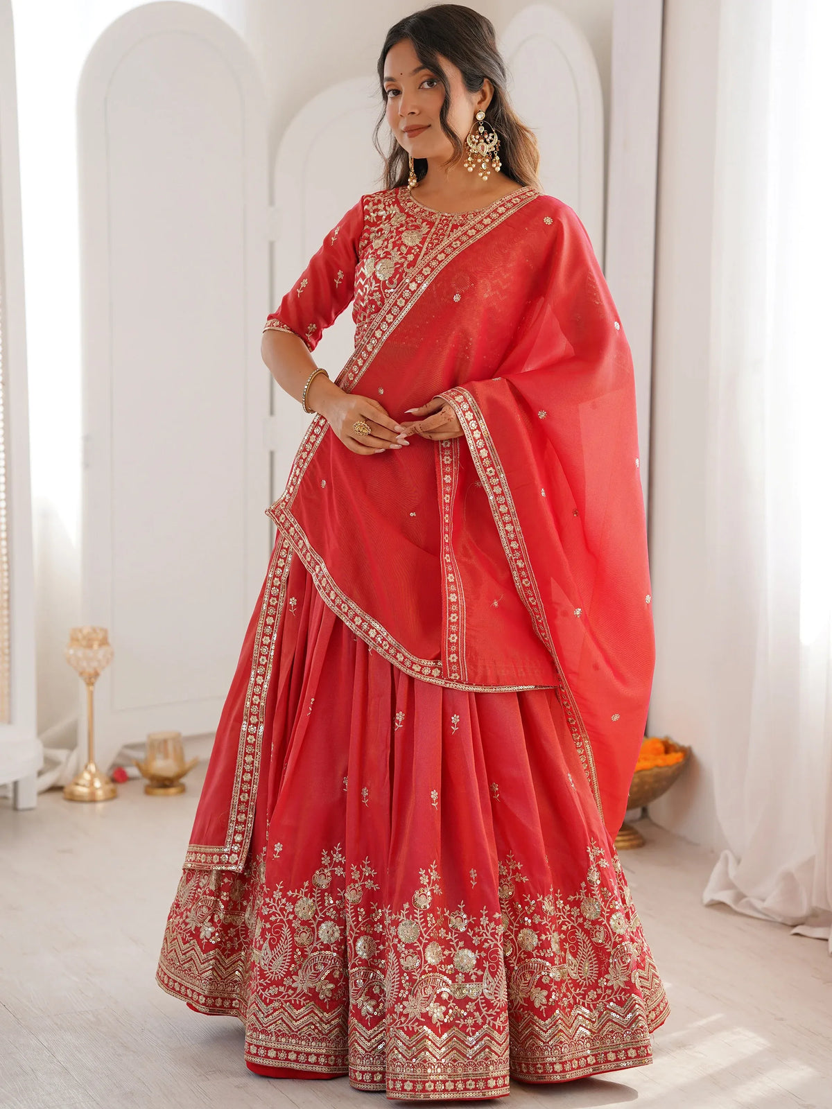 Mesmerizing Orange Thread Work Silk Wedding Lehenga Choli With Dupatta