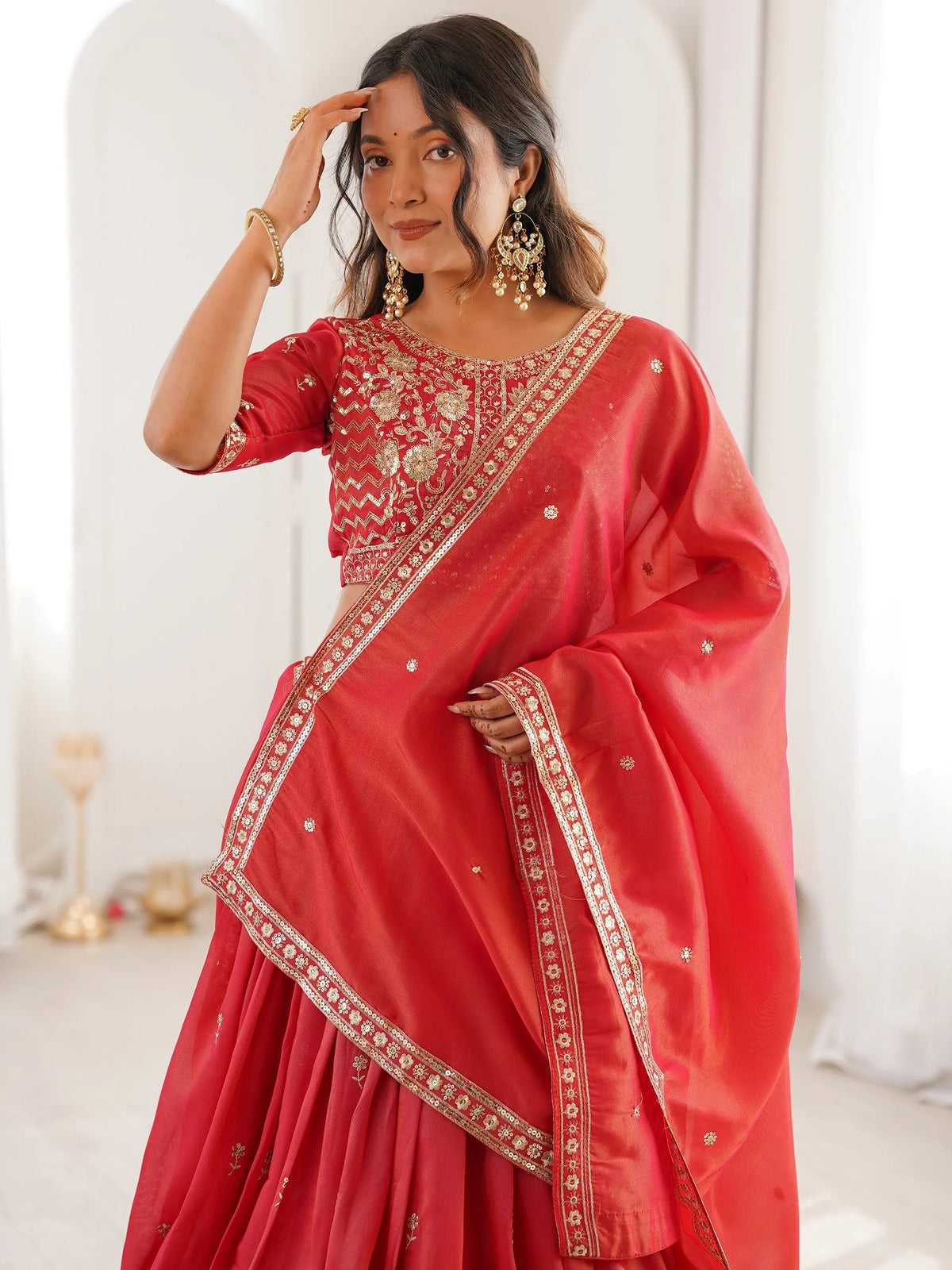 Mesmerizing Orange Thread Work Silk Wedding Lehenga Choli With Dupatta