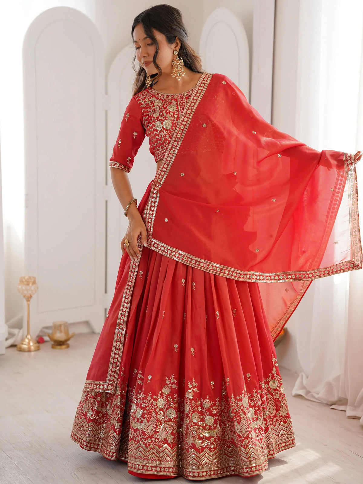 Mesmerizing Orange Thread Work Silk Wedding Lehenga Choli With Dupatta
