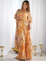 Great Orange Printed Georgette Party Wear Crop-Top Plazzo With Shrug