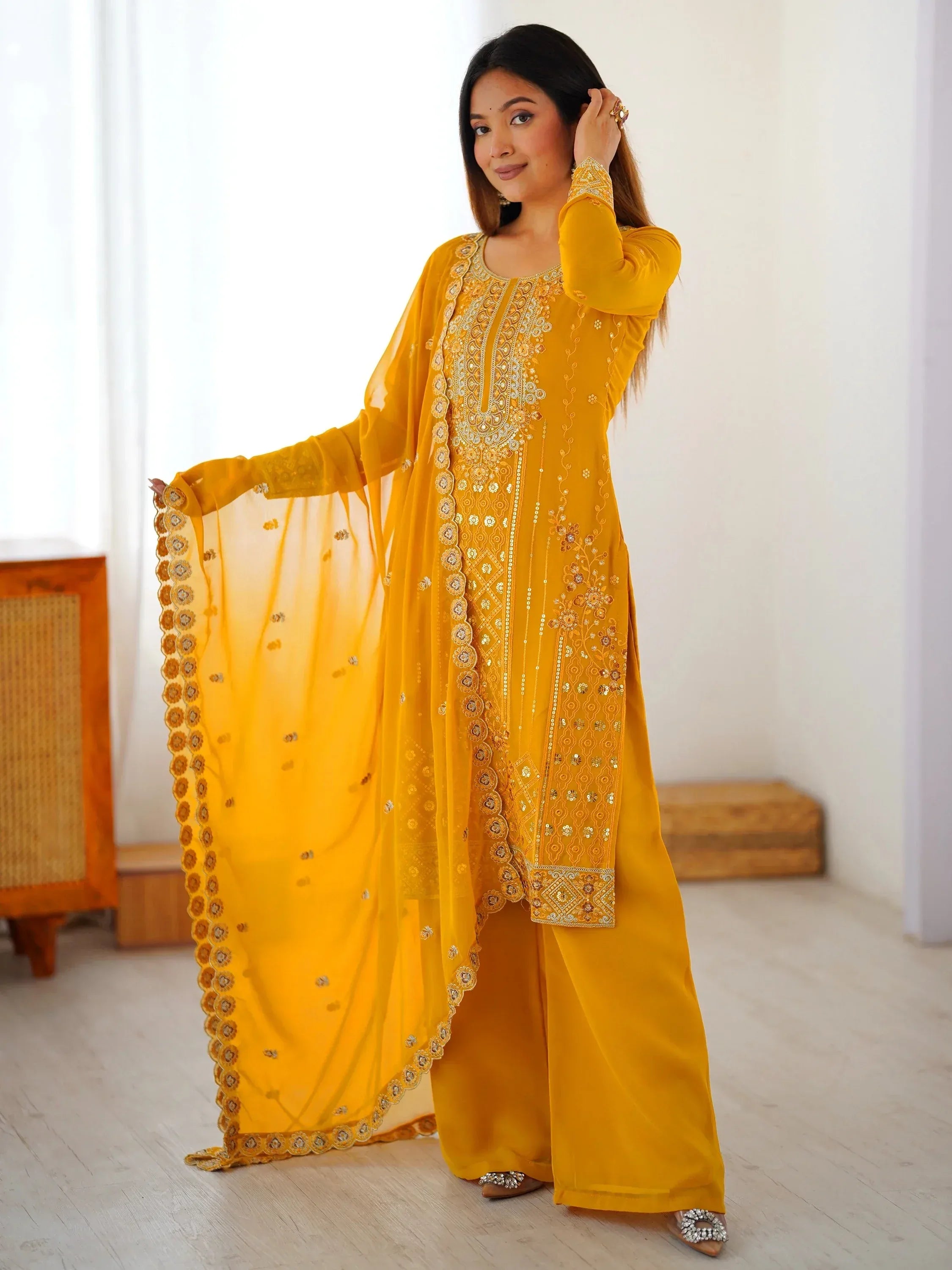 Outstanding Yellow Embroidered Georgette Haldi Wear Palazzo Suit