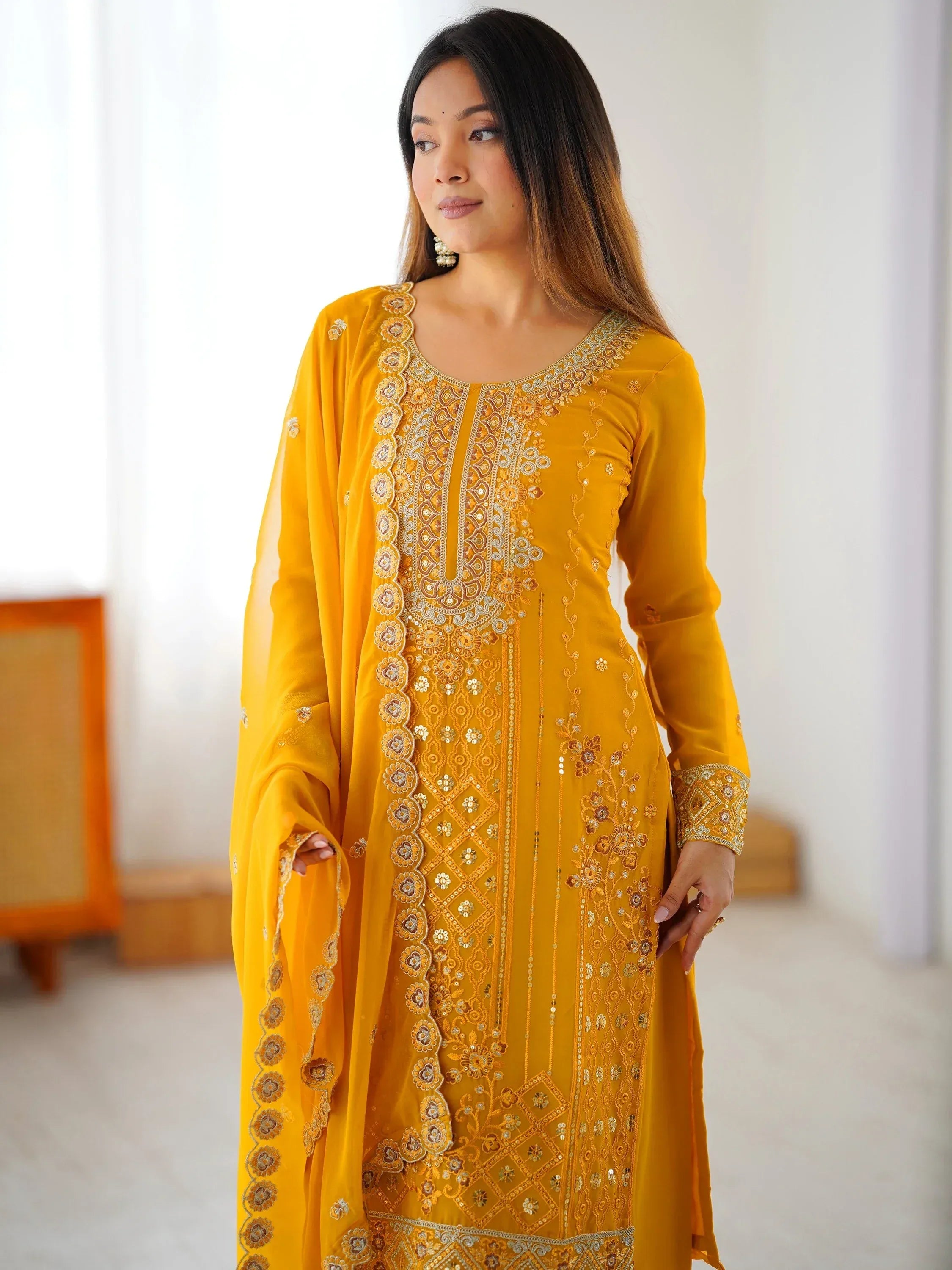 Outstanding Yellow Embroidered Georgette Haldi Wear Palazzo Suit