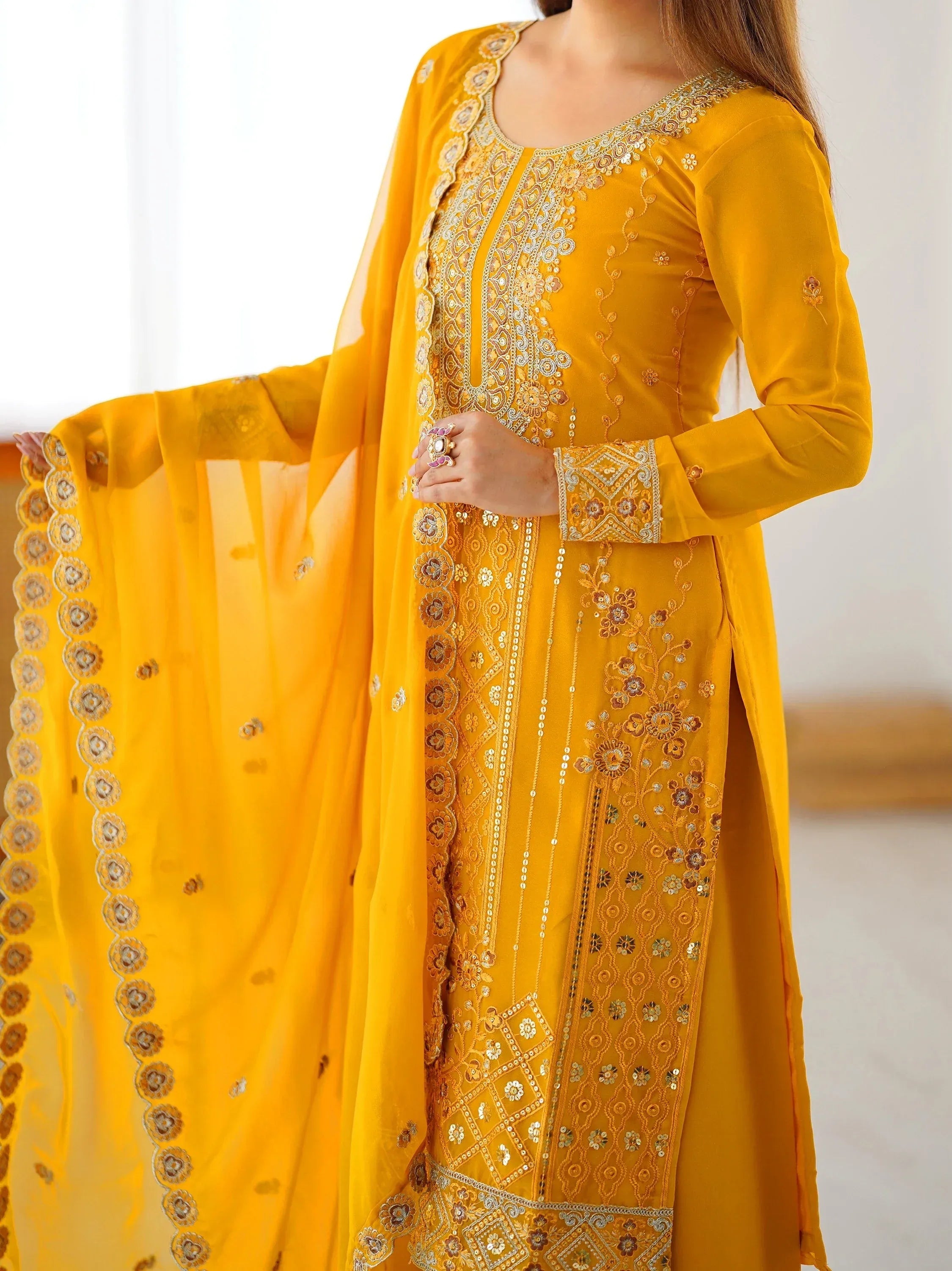 Outstanding Yellow Embroidered Georgette Haldi Wear Palazzo Suit