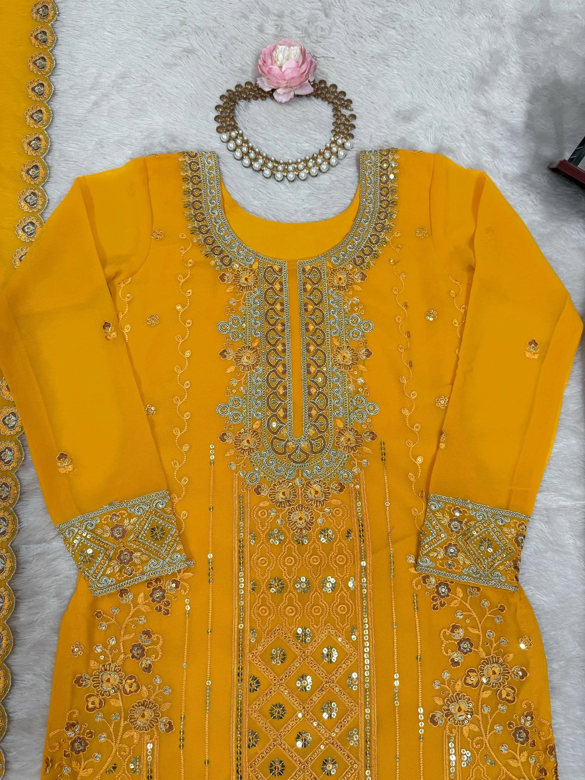 Outstanding Yellow Embroidered Georgette Haldi Wear Palazzo Suit