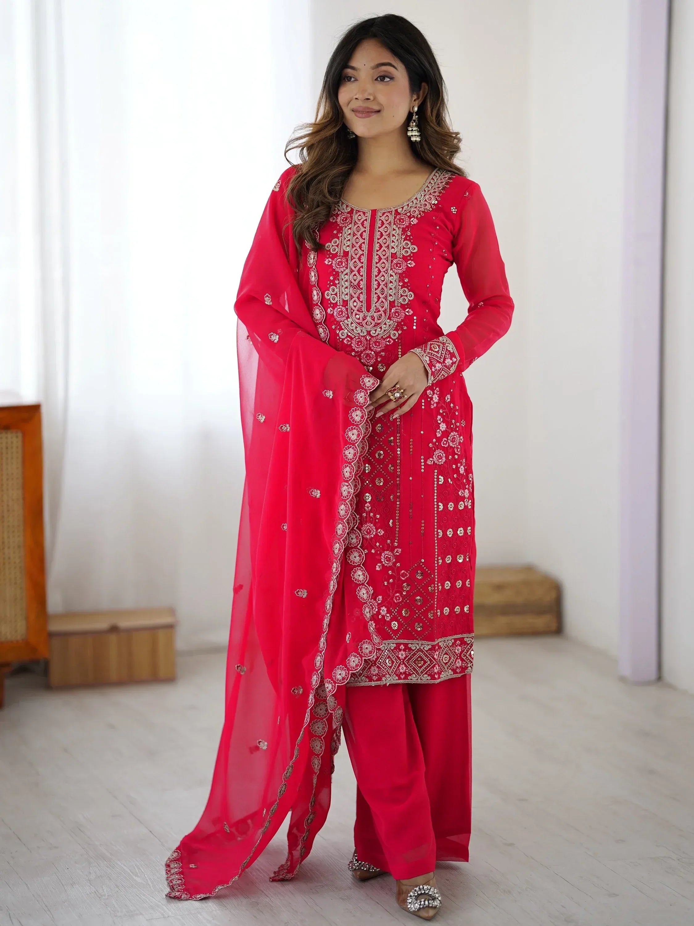 Incredible Pink Embroidered Georgette Festival Wear Palazzo Suit