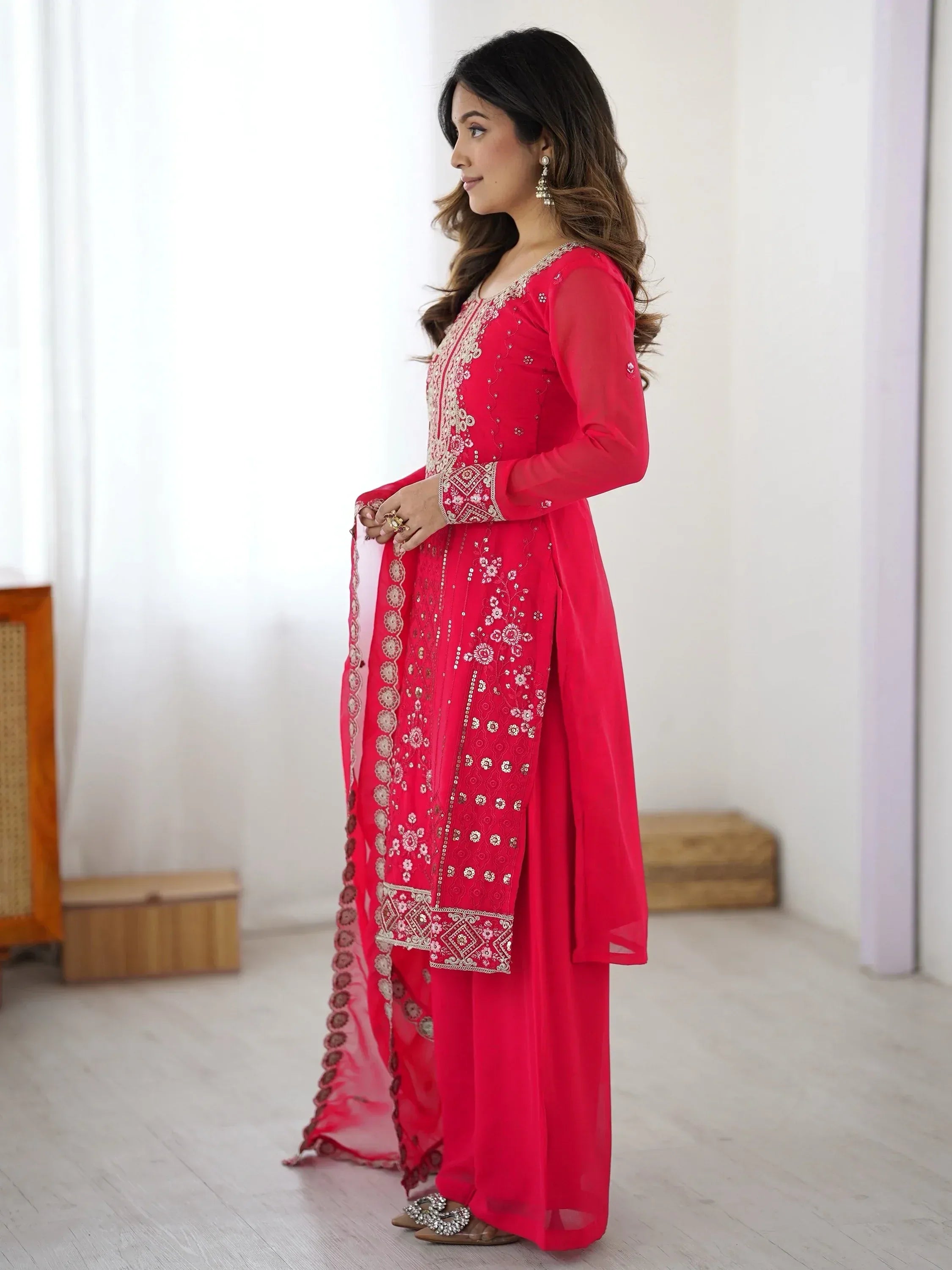 Incredible Pink Embroidered Georgette Festival Wear Palazzo Suit