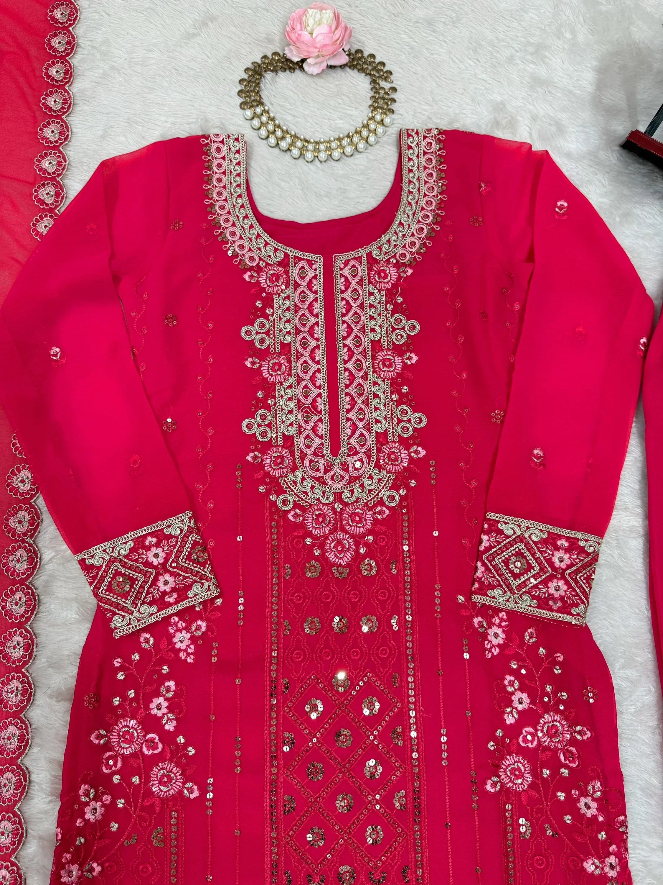 Incredible Pink Embroidered Georgette Festival Wear Palazzo Suit