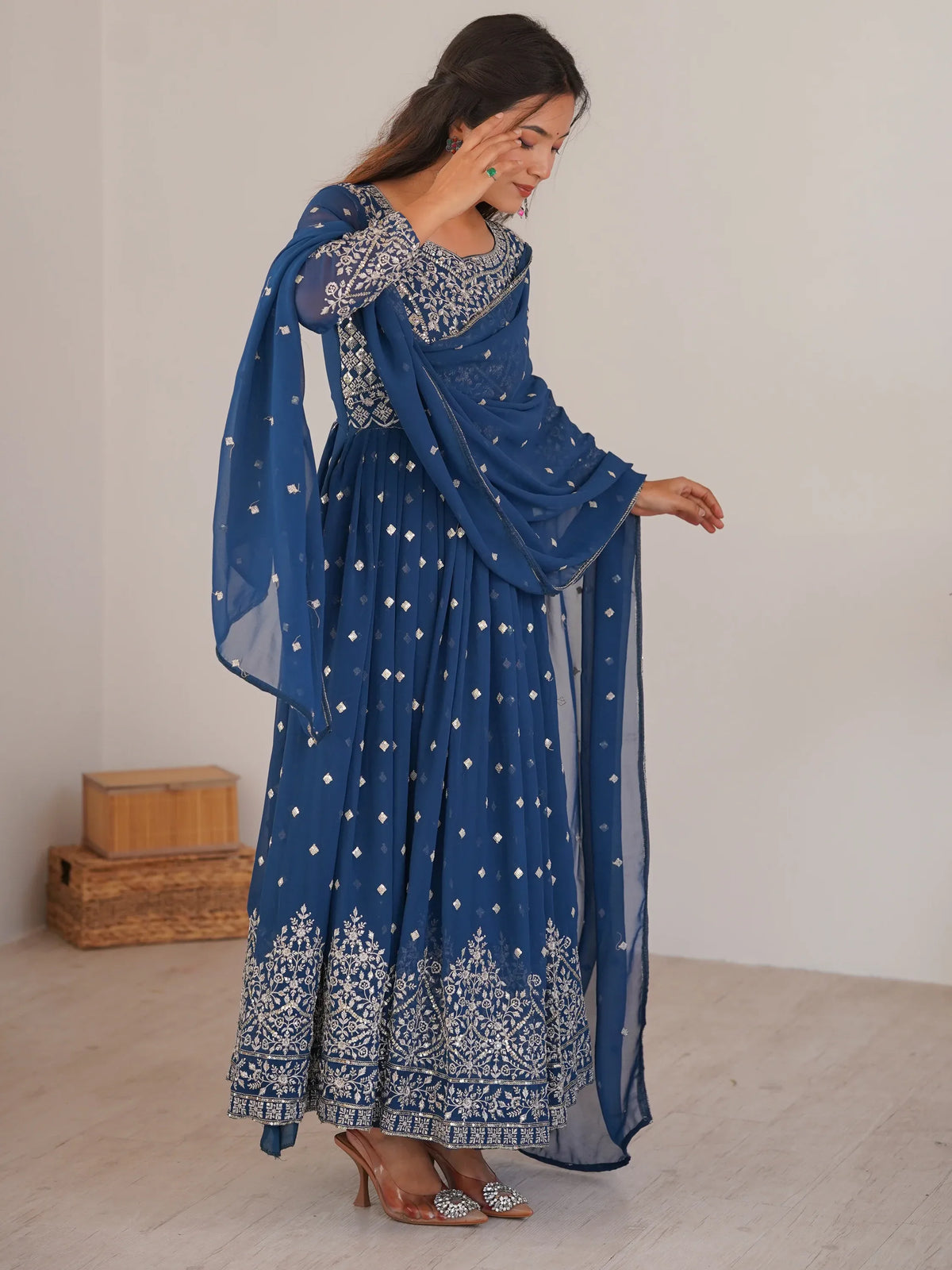 Stunning Teal Blue Embroidered Georgette Event Wear Anarkali Suit