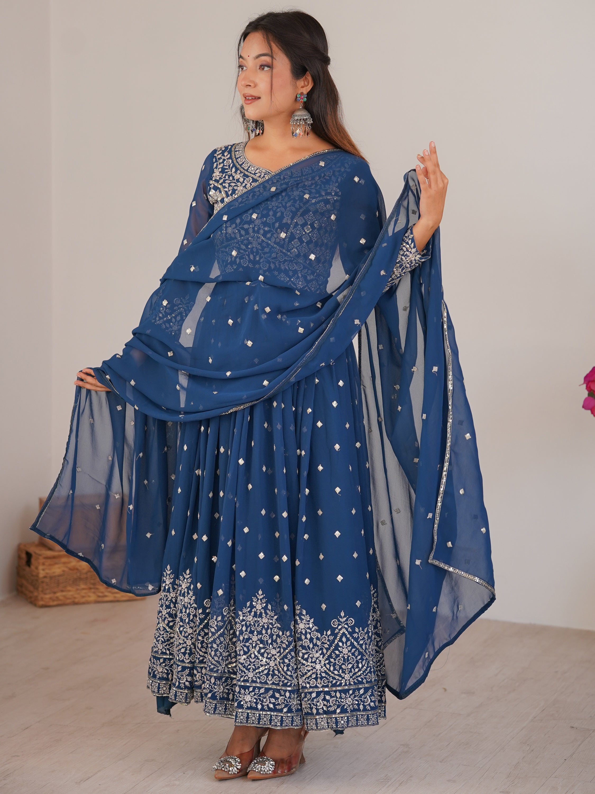 Stunning Teal Blue Embroidered Georgette Event Wear Anarkali Suit