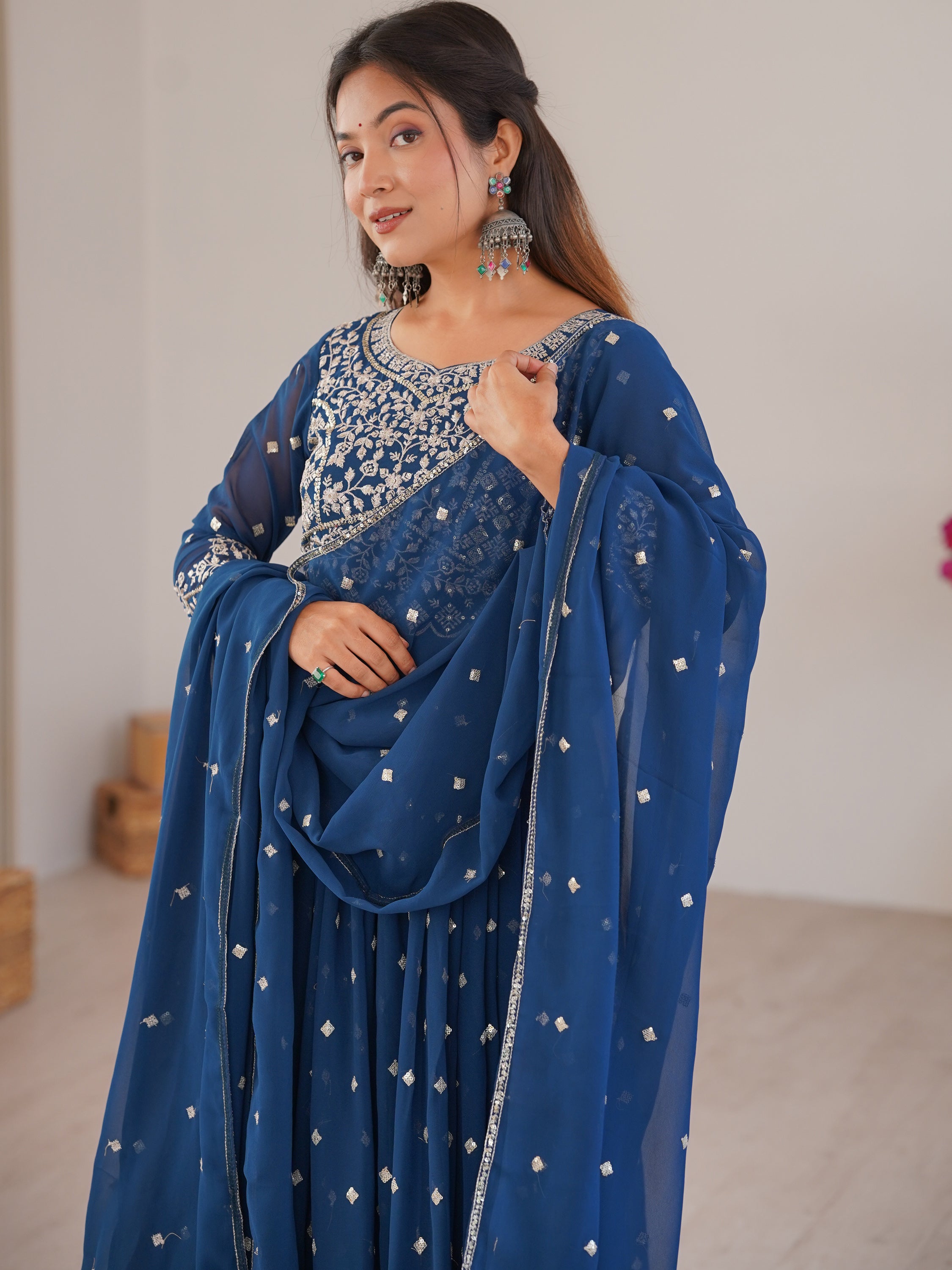 Stunning Teal Blue Embroidered Georgette Event Wear Anarkali Suit