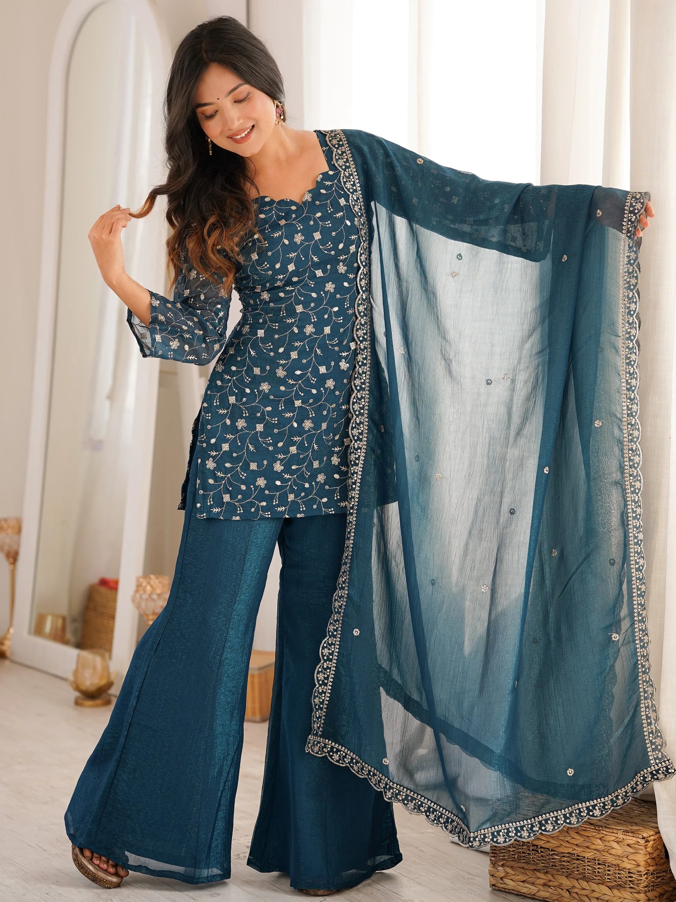 Bewitching Teal Blue Embroidered Silk Wedding Wear Palazzo Suit