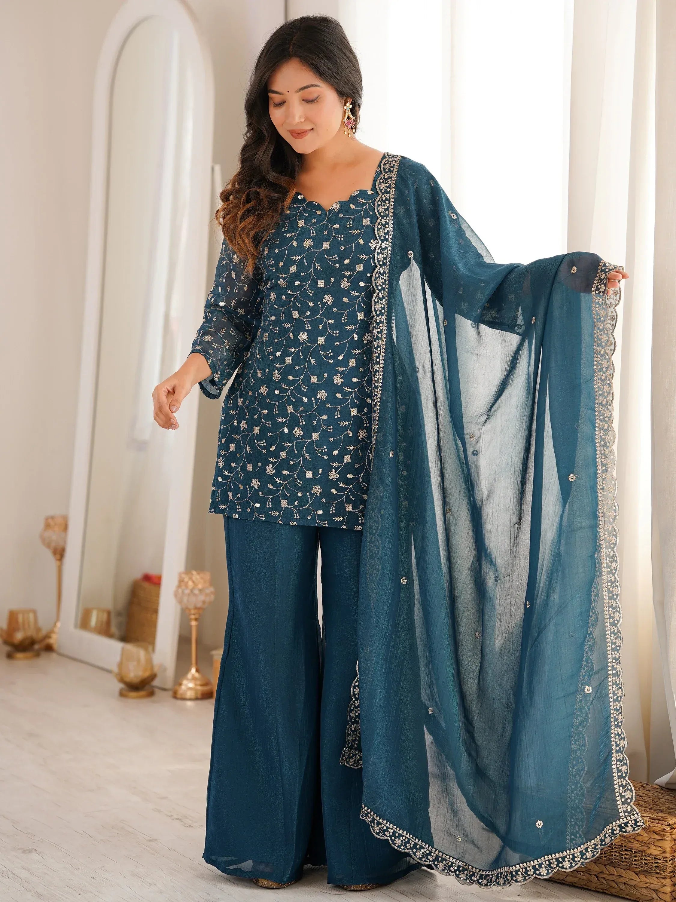 Bewitching Teal Blue Embroidered Silk Wedding Wear Palazzo Suit