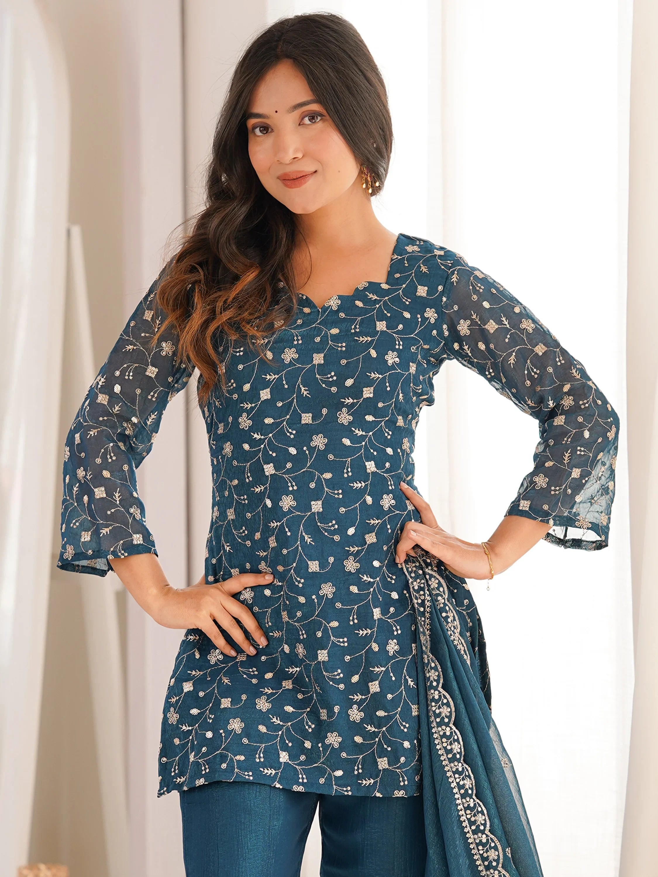 Bewitching Teal Blue Embroidered Silk Wedding Wear Palazzo Suit