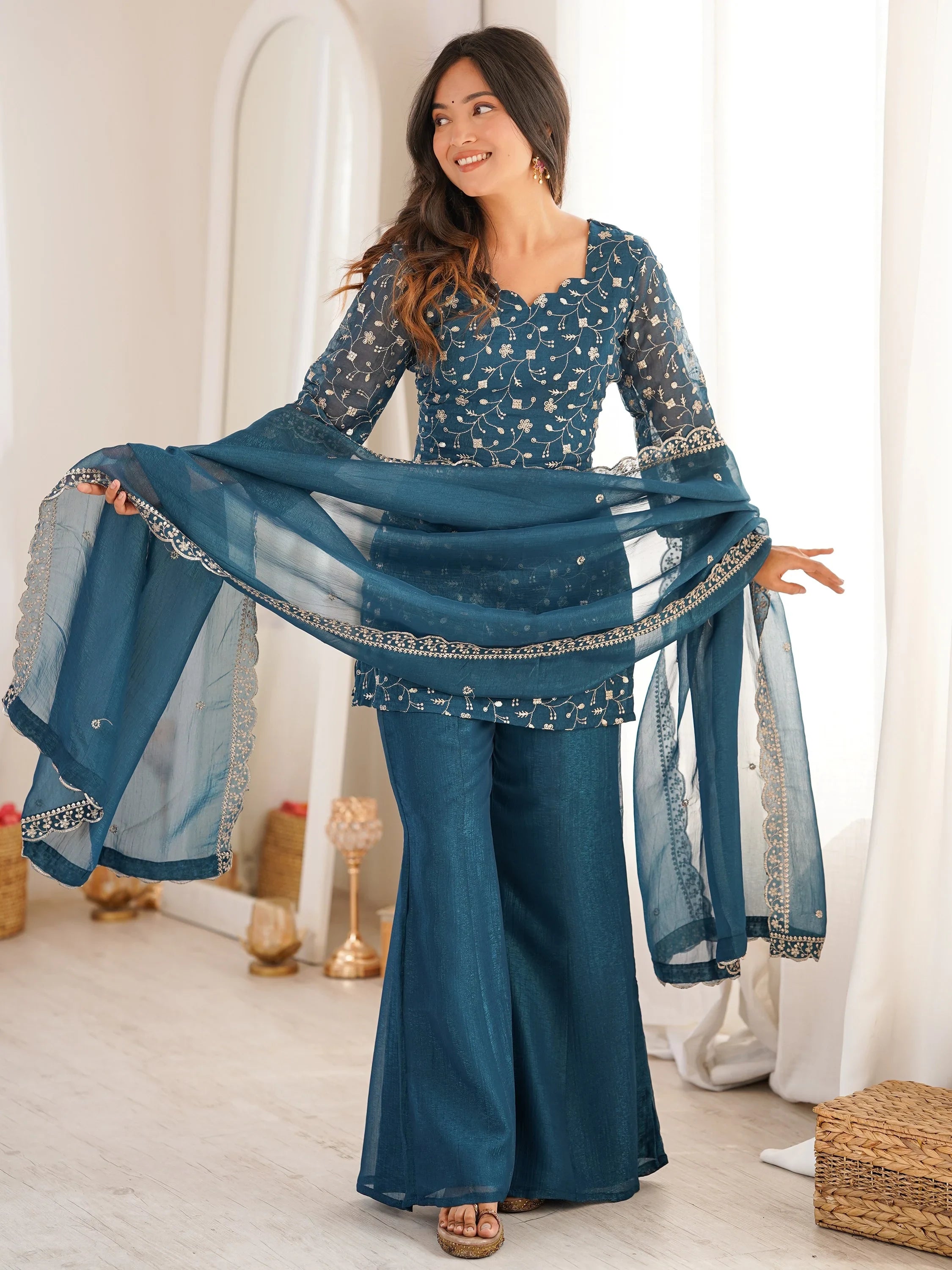 Bewitching Teal Blue Embroidered Silk Wedding Wear Palazzo Suit