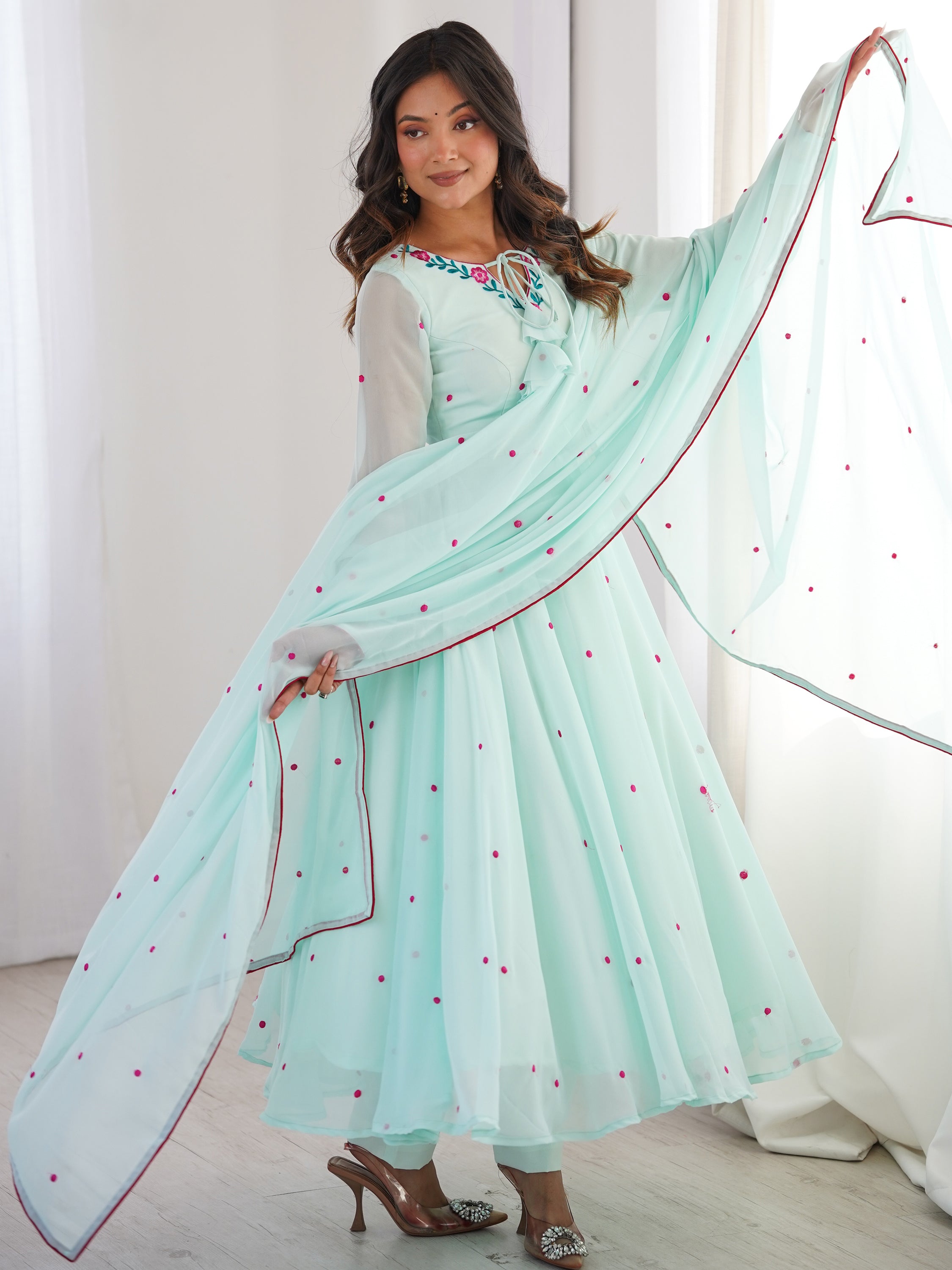 Charming Sky Blue Embroidered Georgette Anarkali Suit With Dupatta