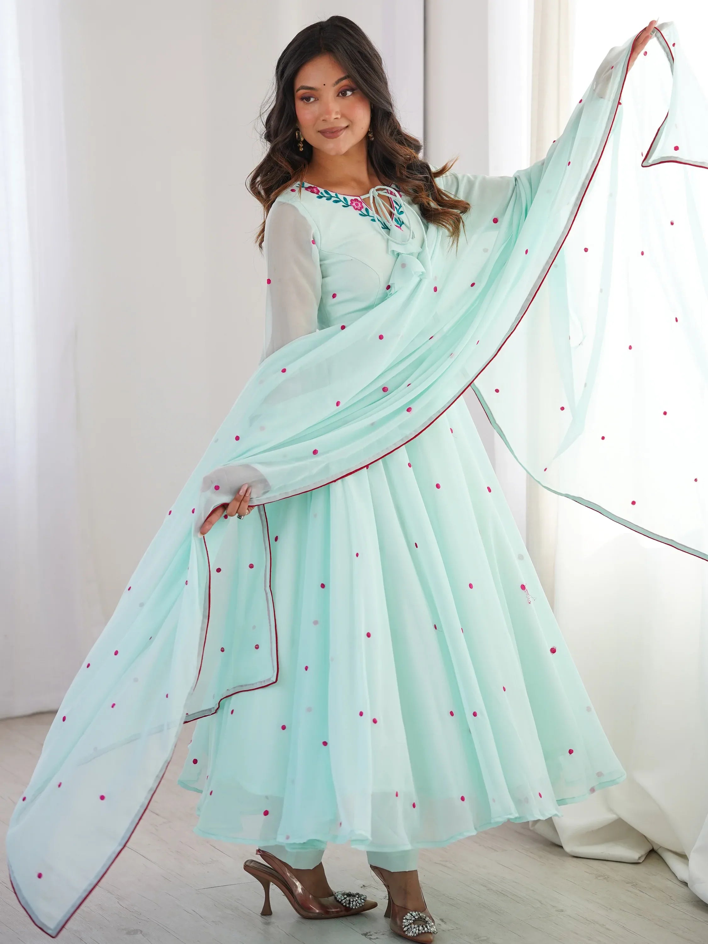 Charming Sky Blue Embroidered Georgette Anarkali Suit With Dupatta