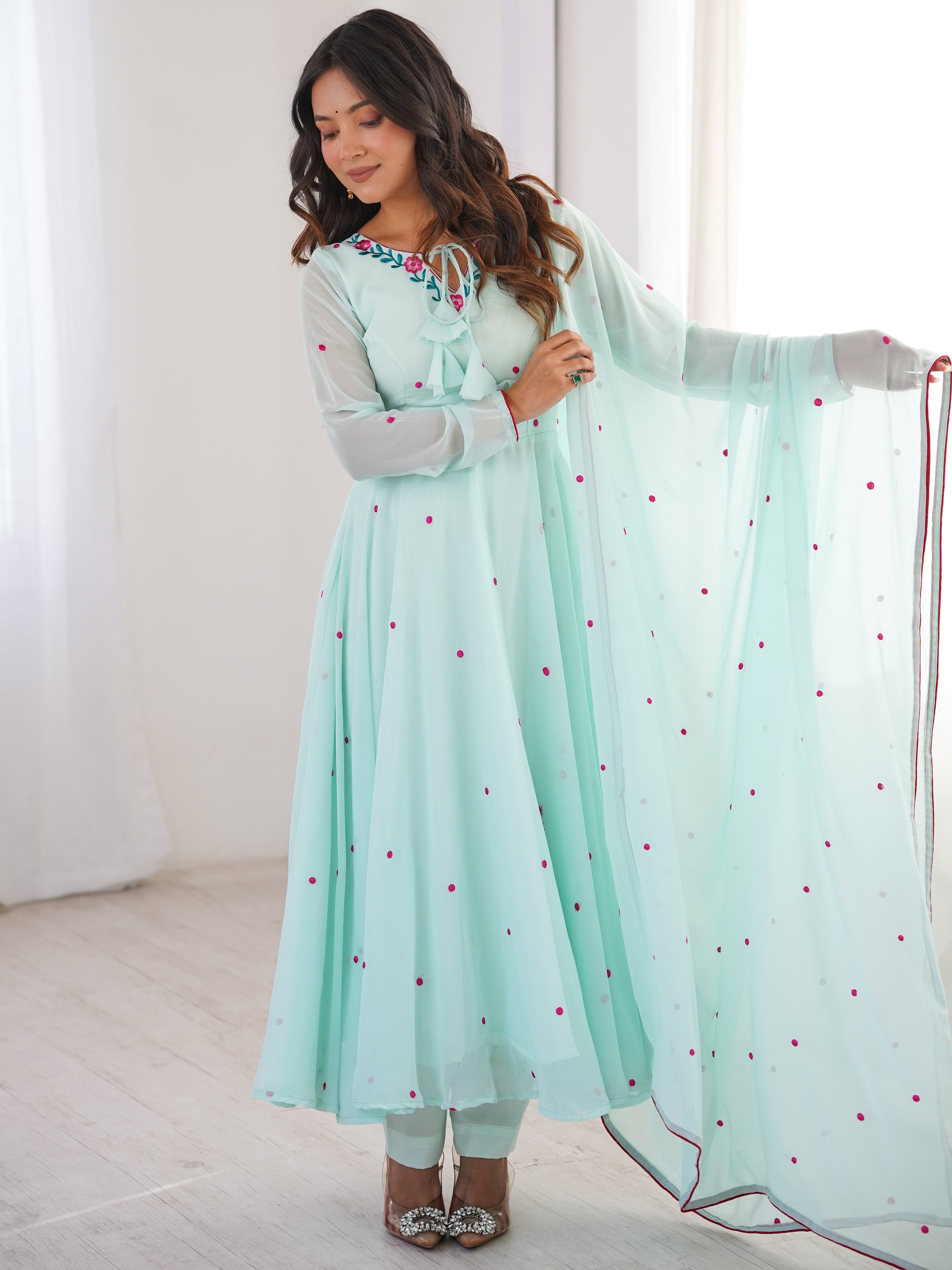 Charming Sky Blue Embroidered Georgette Anarkali Suit With Dupatta