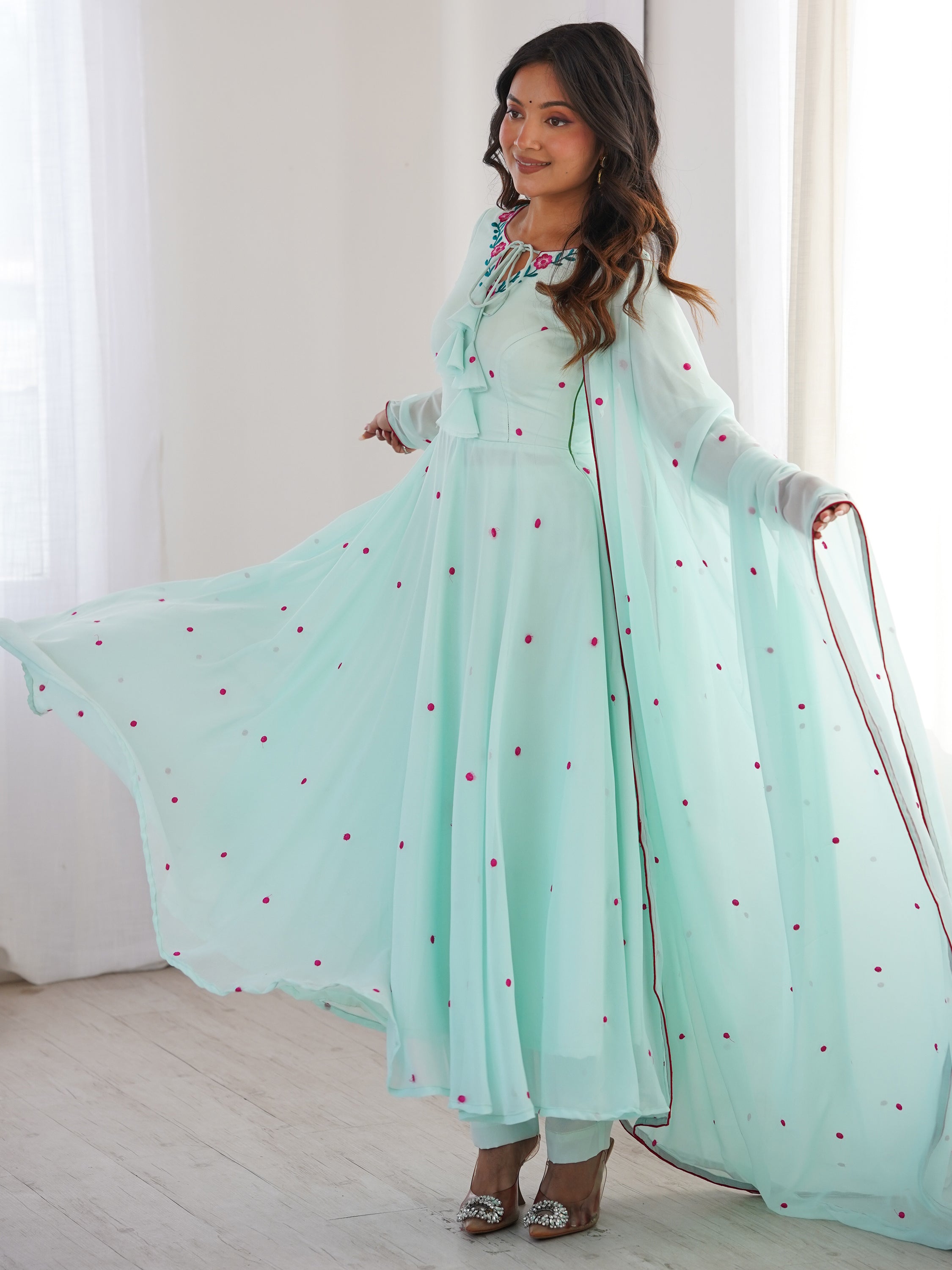 Charming Sky Blue Embroidered Georgette Anarkali Suit With Dupatta