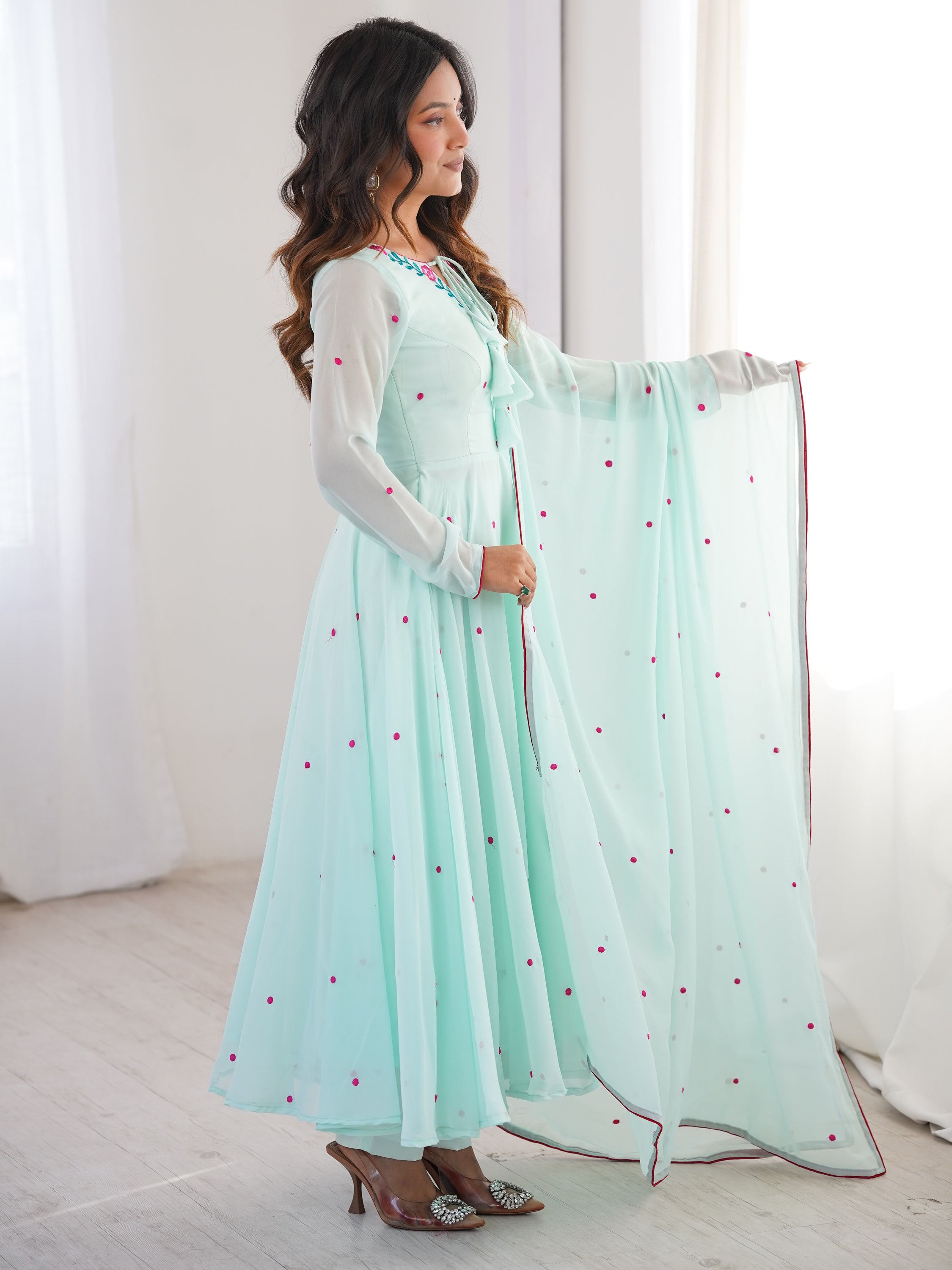 Charming Sky Blue Embroidered Georgette Anarkali Suit With Dupatta