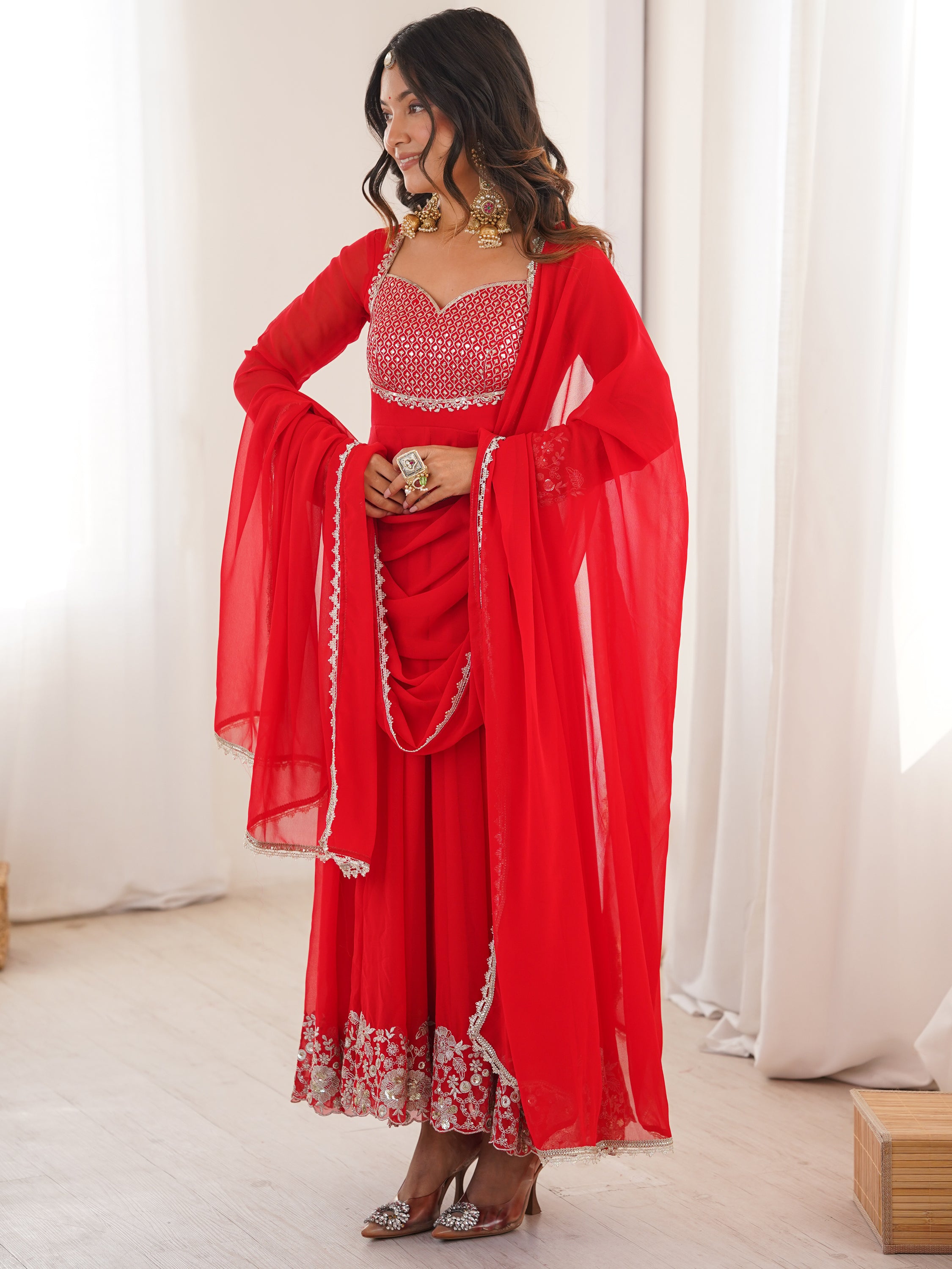 Lovable Red Sequins Georgette Wedding Wear Anarkali Suit With Dupatta