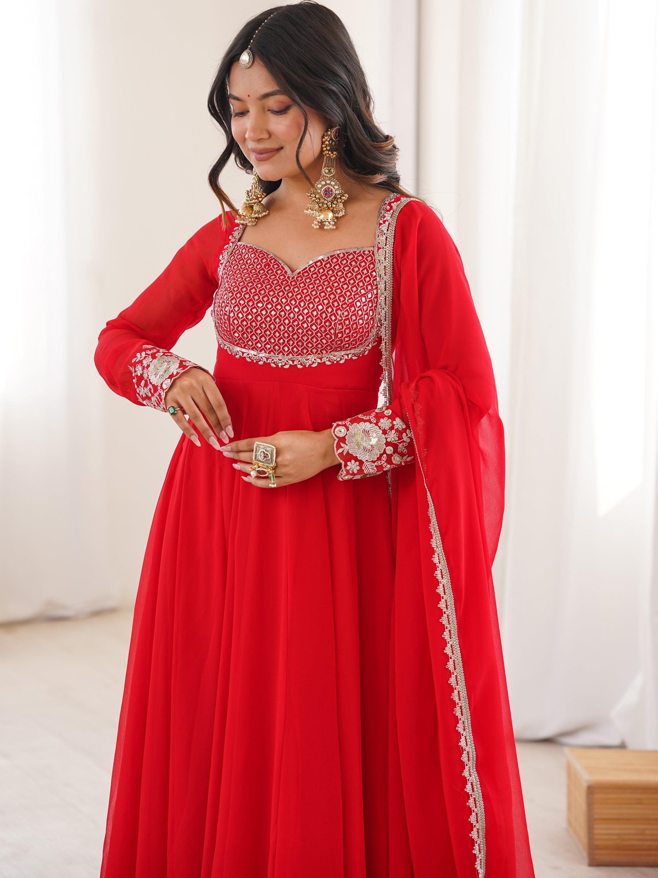 Lovable Red Sequins Georgette Wedding Wear Anarkali Suit With Dupatta