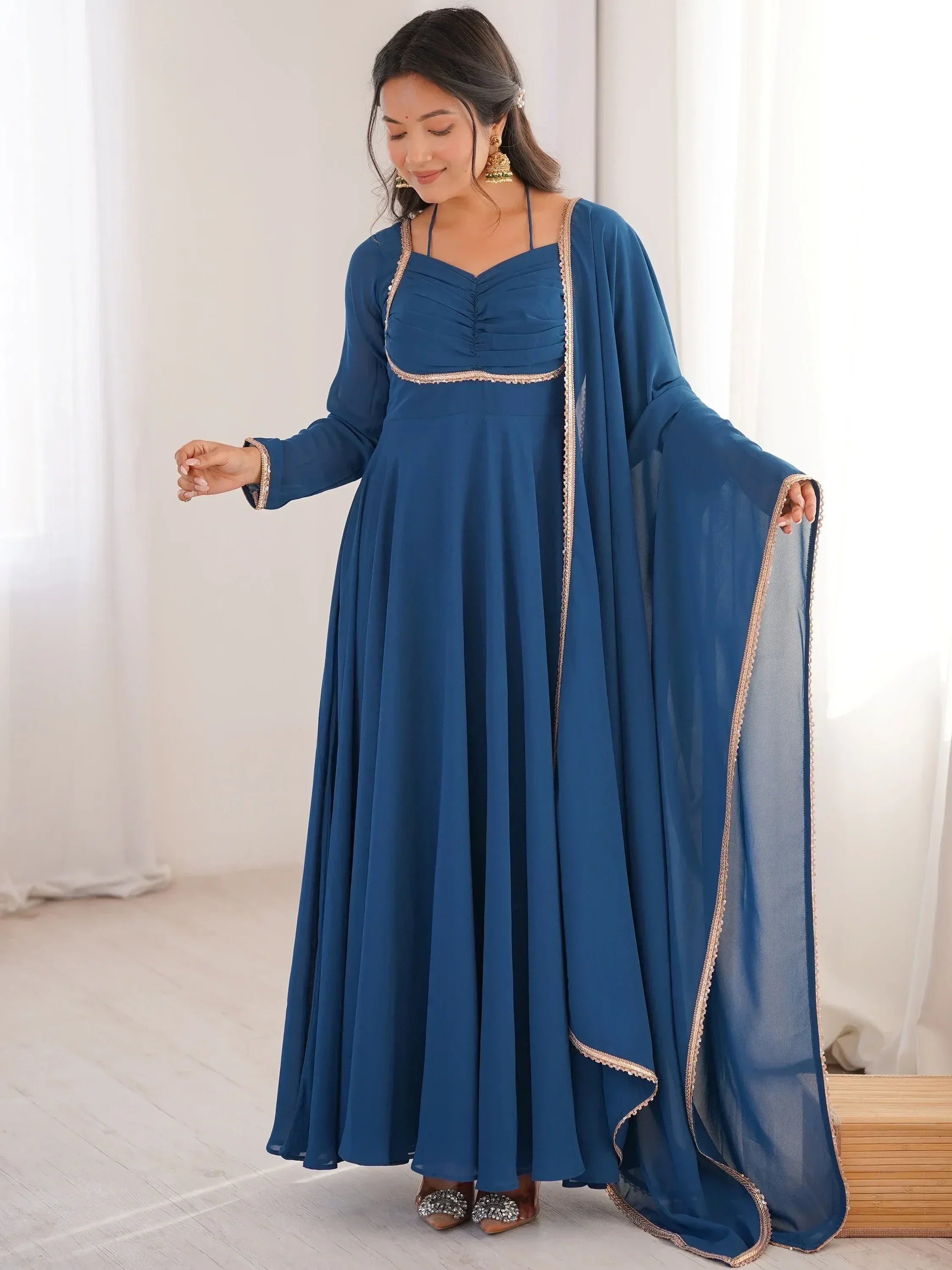 Glamorous Blue Georgette Function Wear Gown With Dupatta