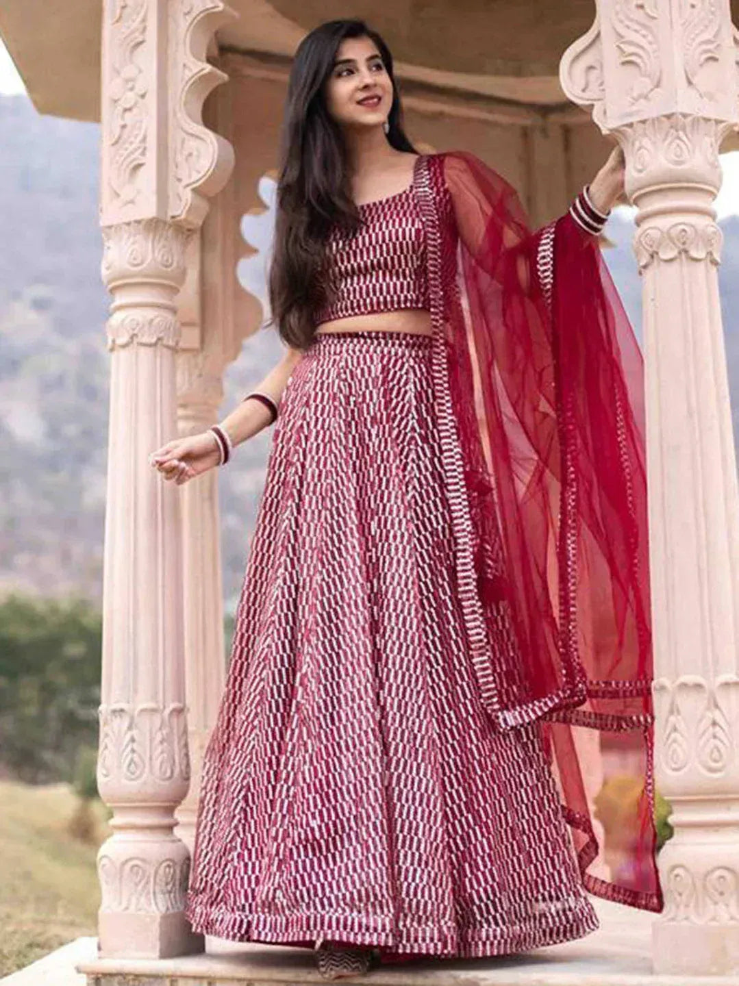 Red and white patterned lehenga choli with sheer dupatta, Indian ethnic wear for women