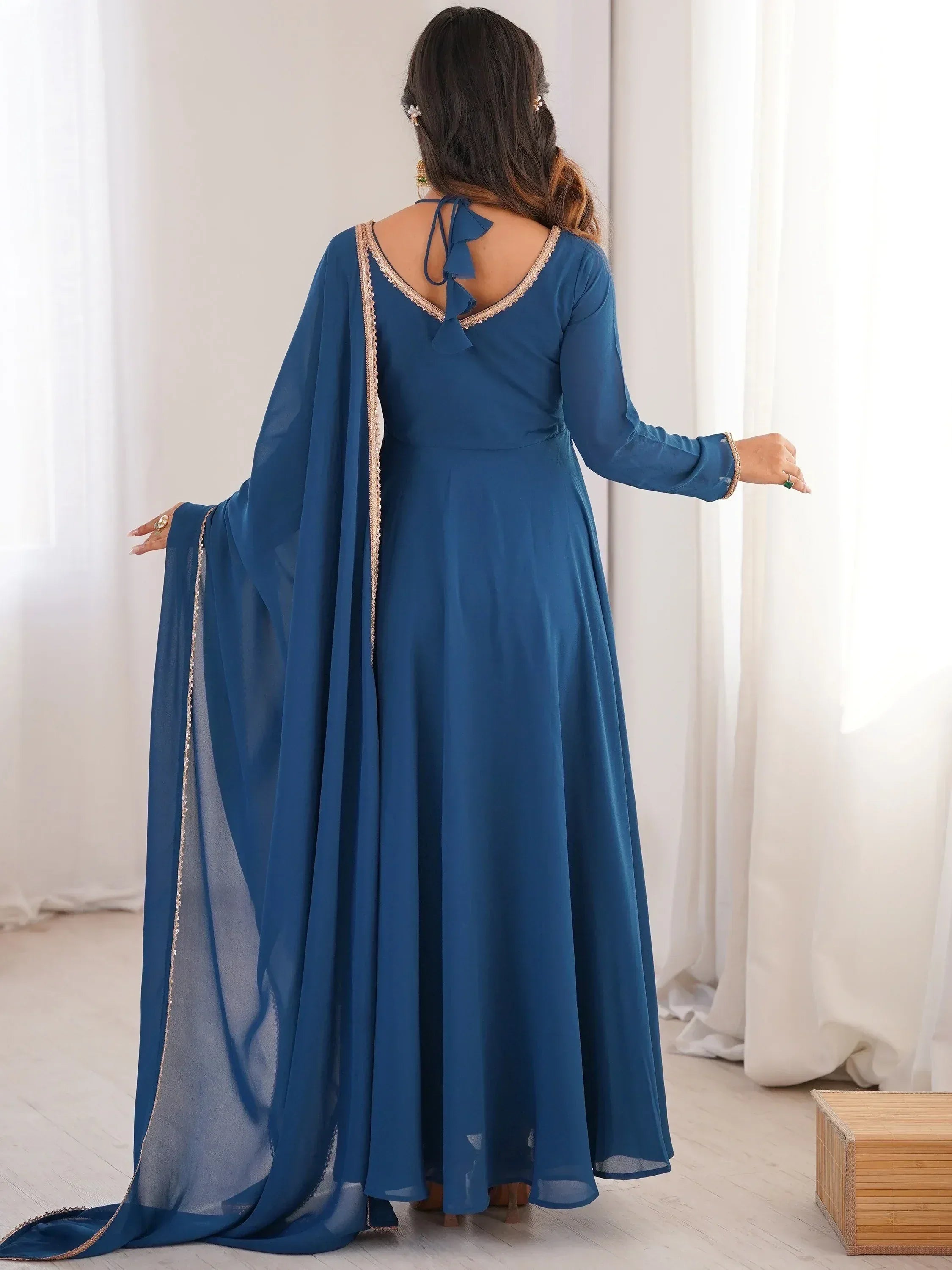 Glamorous Blue Georgette Function Wear Gown With Dupatta