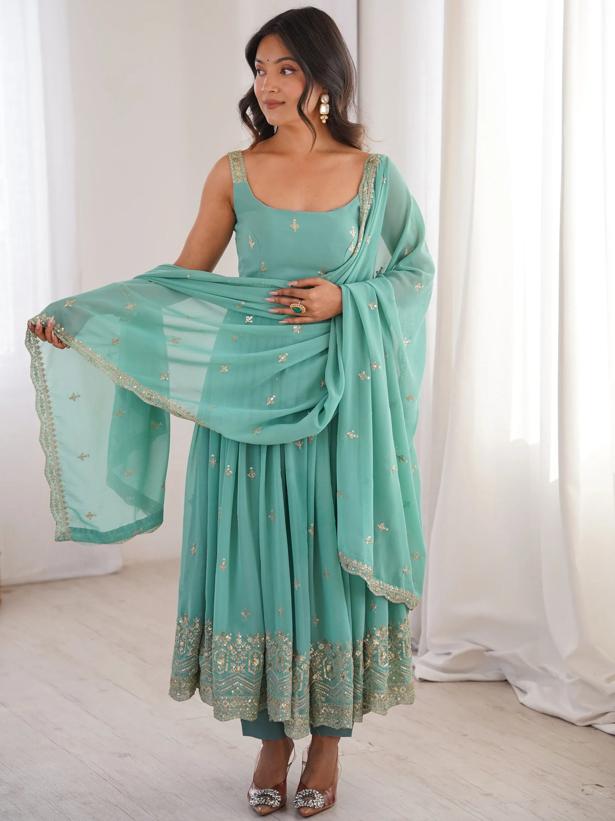 Glorious Sea Green Sequins Georgette Mehendi Wear Anarkali Suit