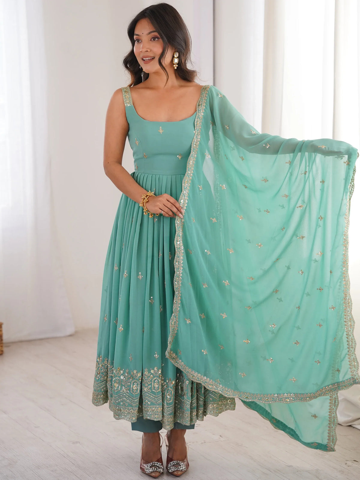 Glorious Sea Green Sequins Georgette Mehendi Wear Anarkali Suit