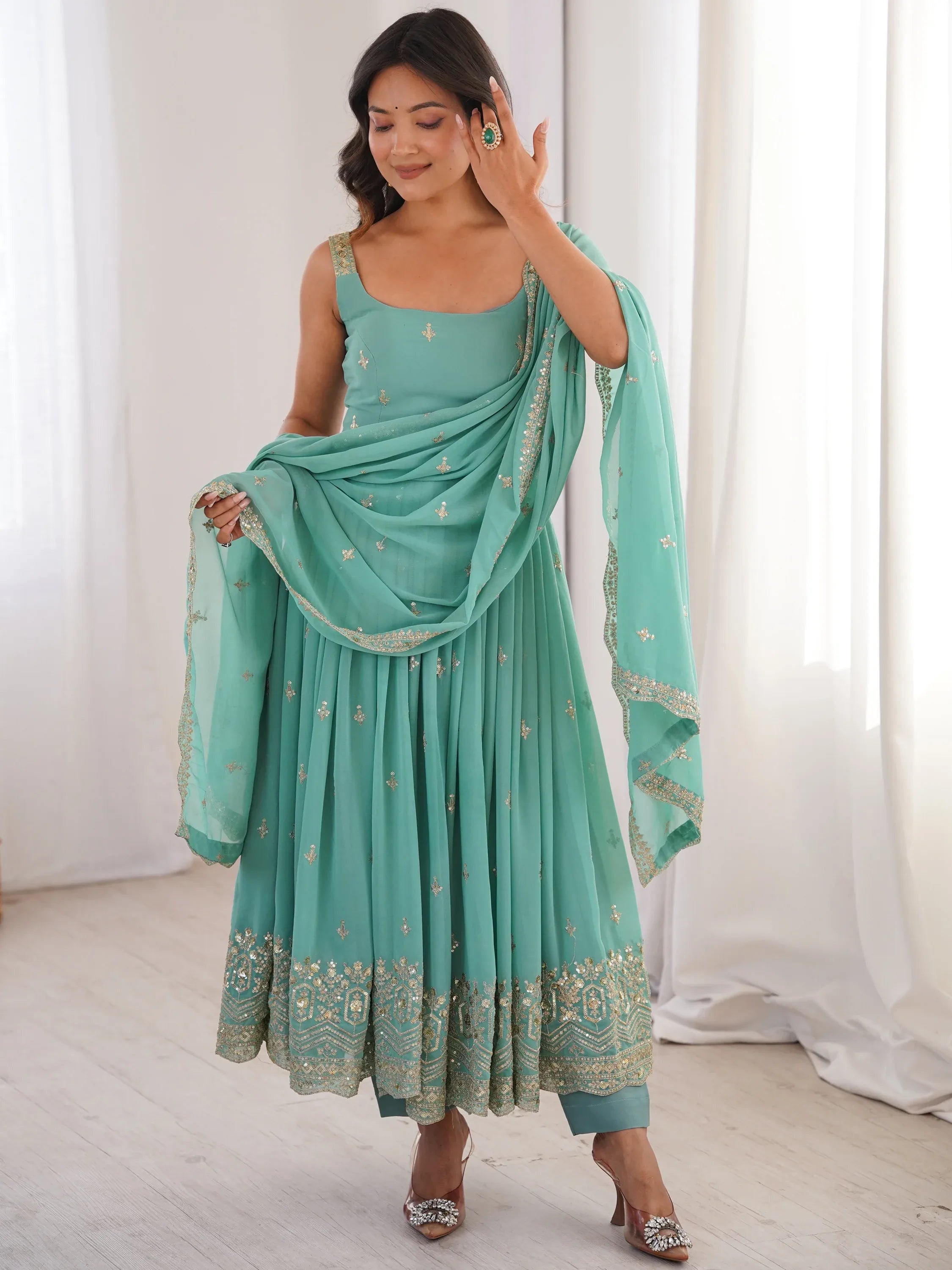 Glorious Sea Green Sequins Georgette Mehendi Wear Anarkali Suit