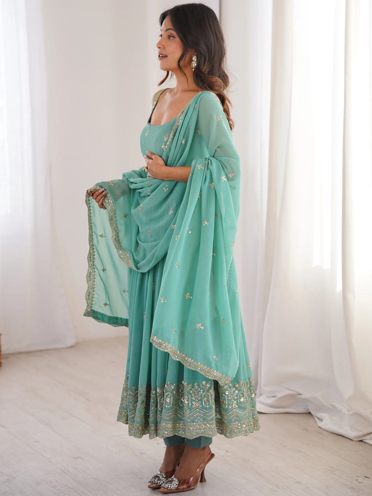 Glorious Sea Green Sequins Georgette Mehendi Wear Anarkali Suit