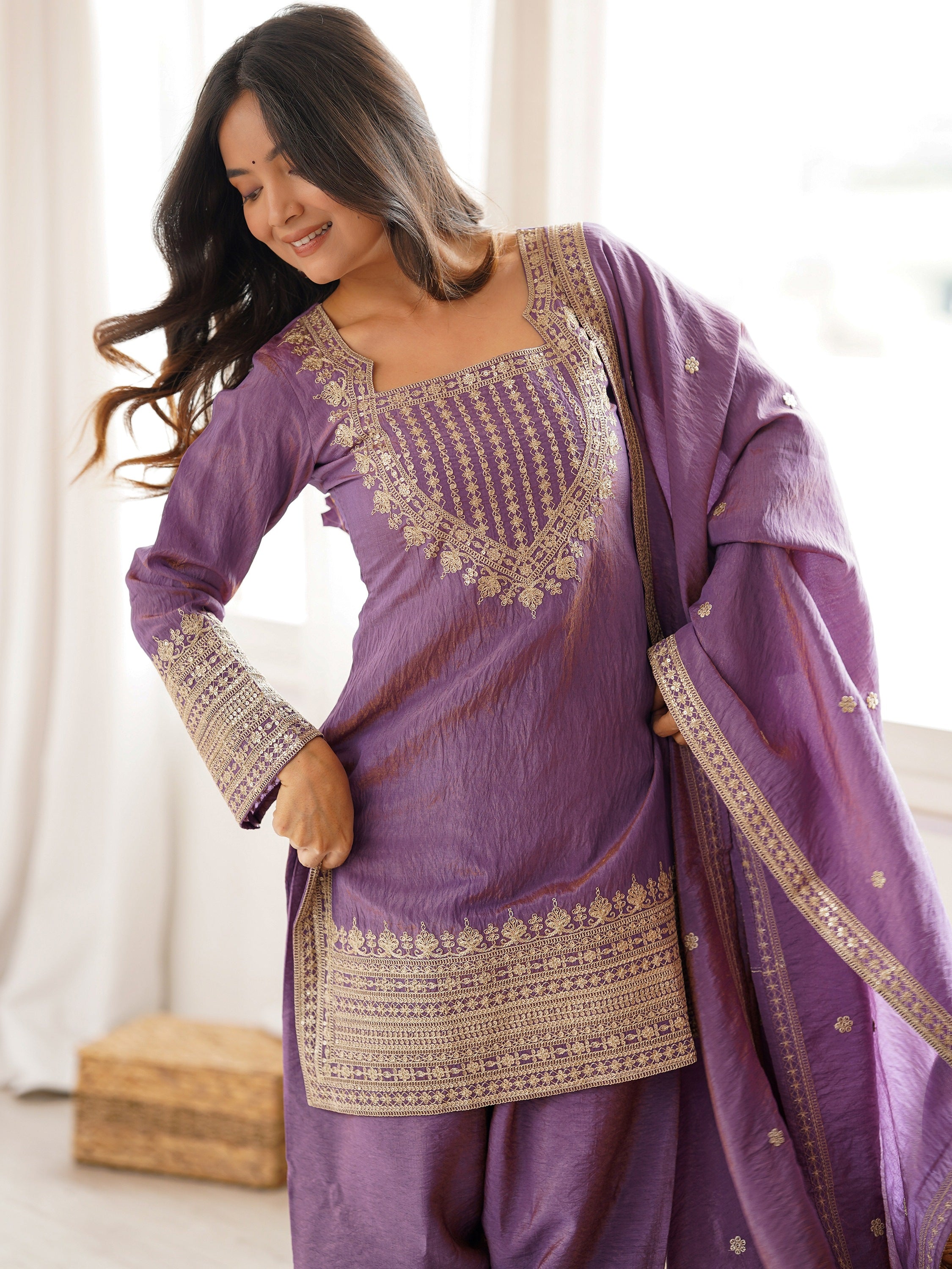 Attractive Lavender Sequins Silk Traditional Salwar Suit