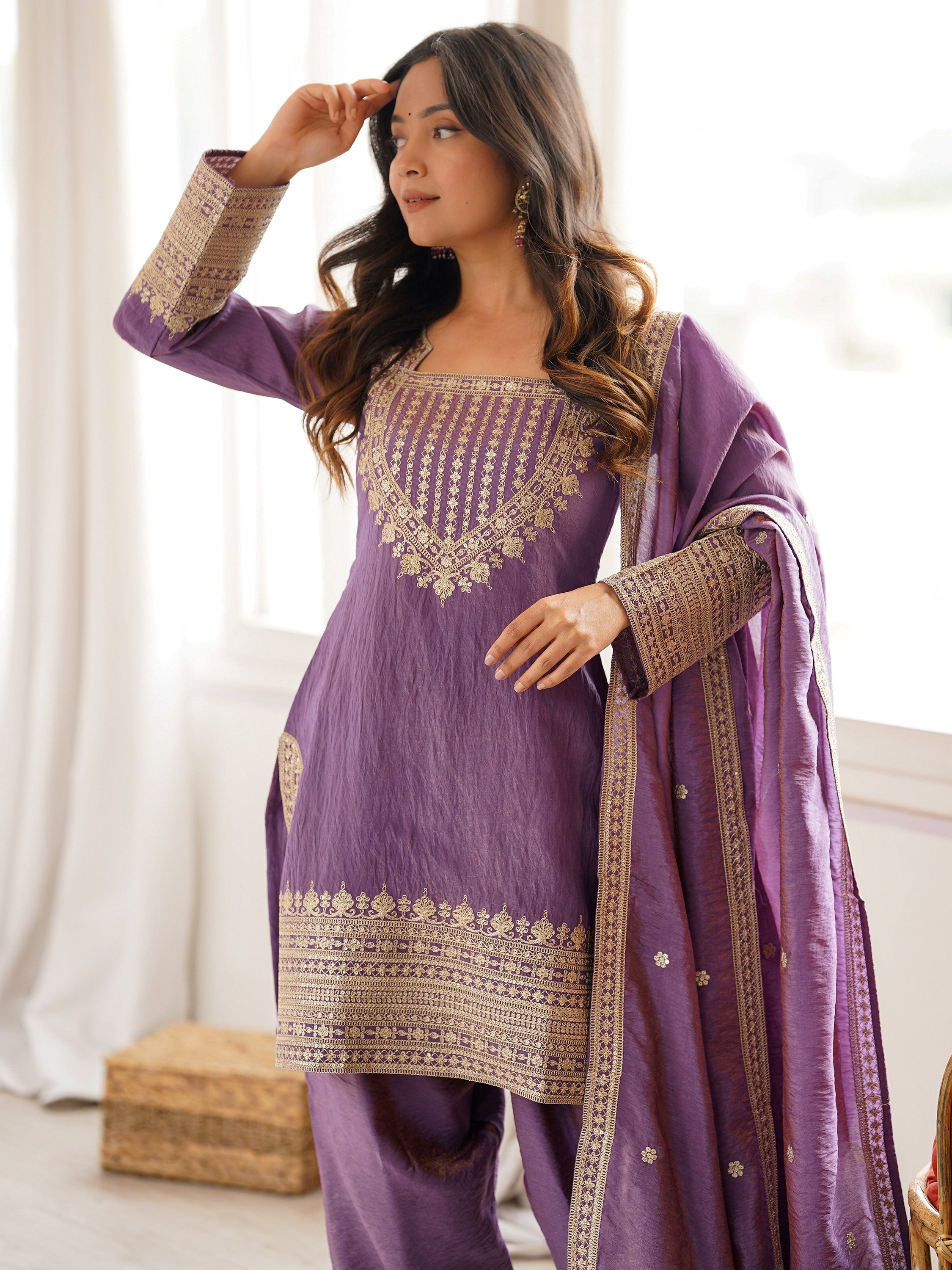 Attractive Lavender Sequins Silk Traditional Salwar Suit