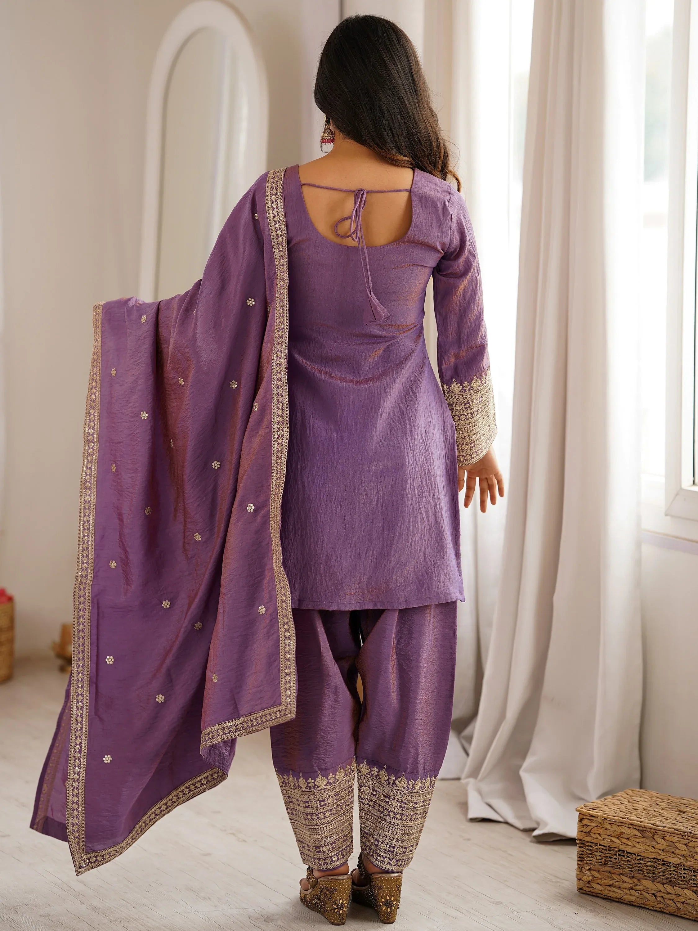 Attractive Lavender Sequins Silk Traditional Salwar Suit