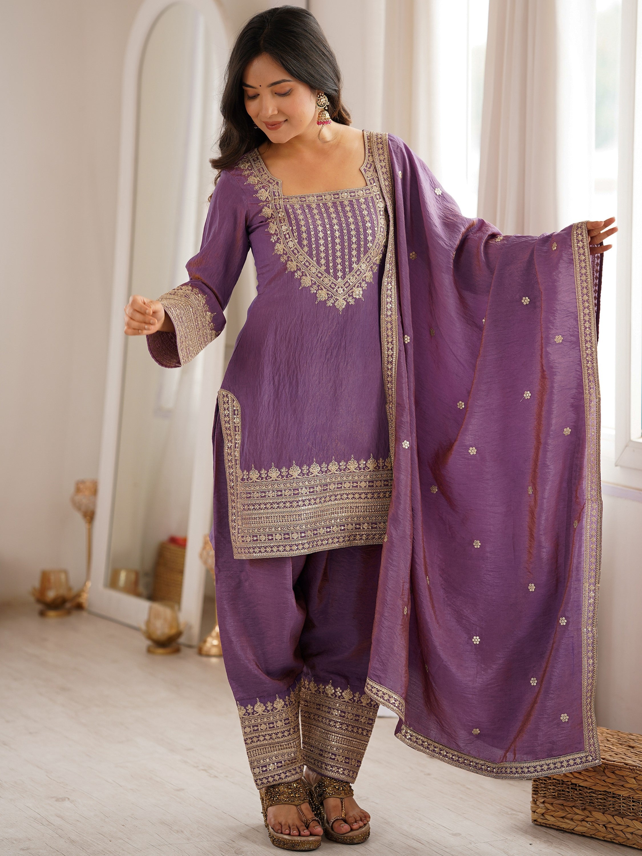 Attractive Lavender Sequins Silk Traditional Salwar Suit