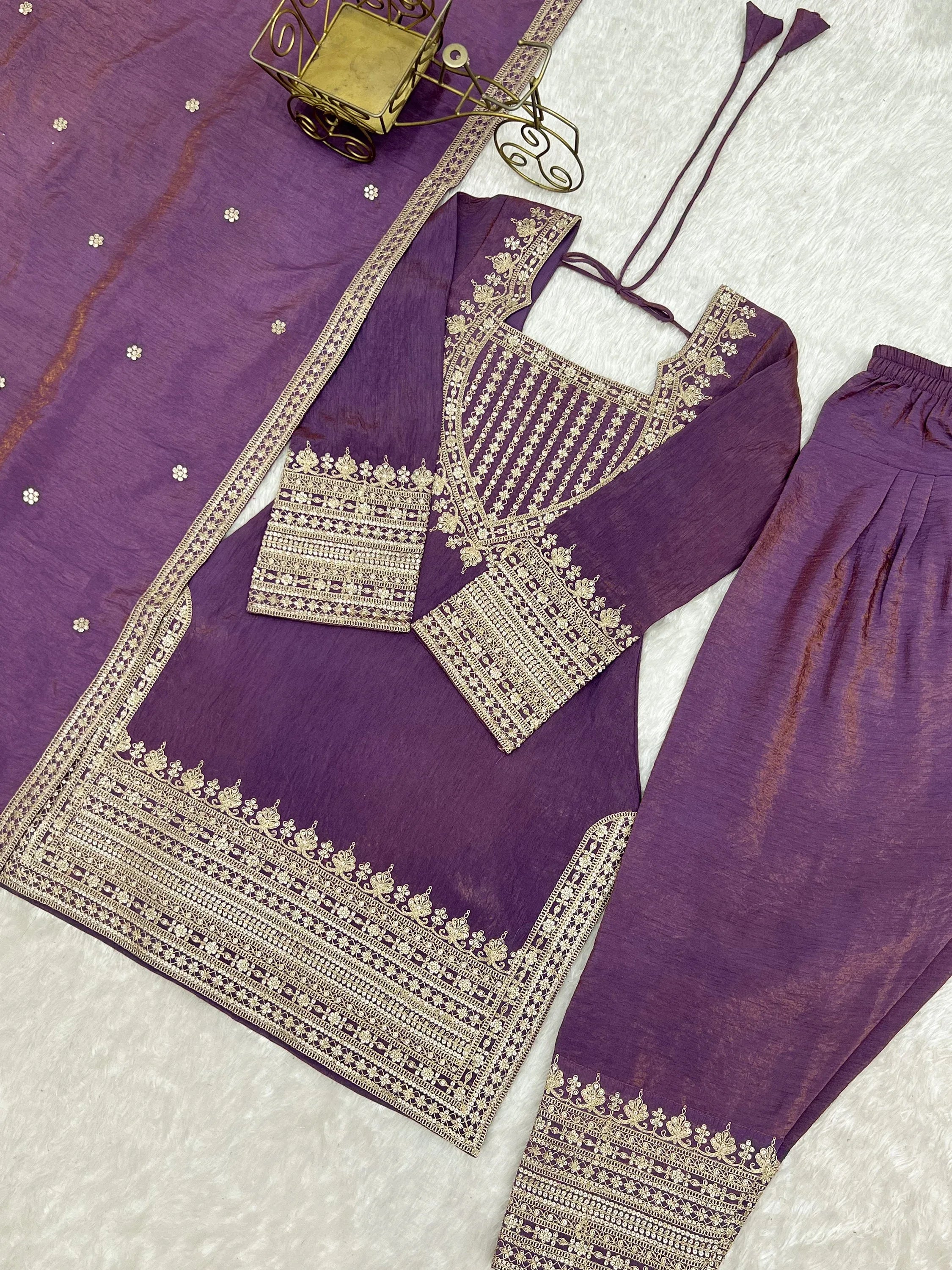 Attractive Lavender Sequins Silk Traditional Salwar Suit