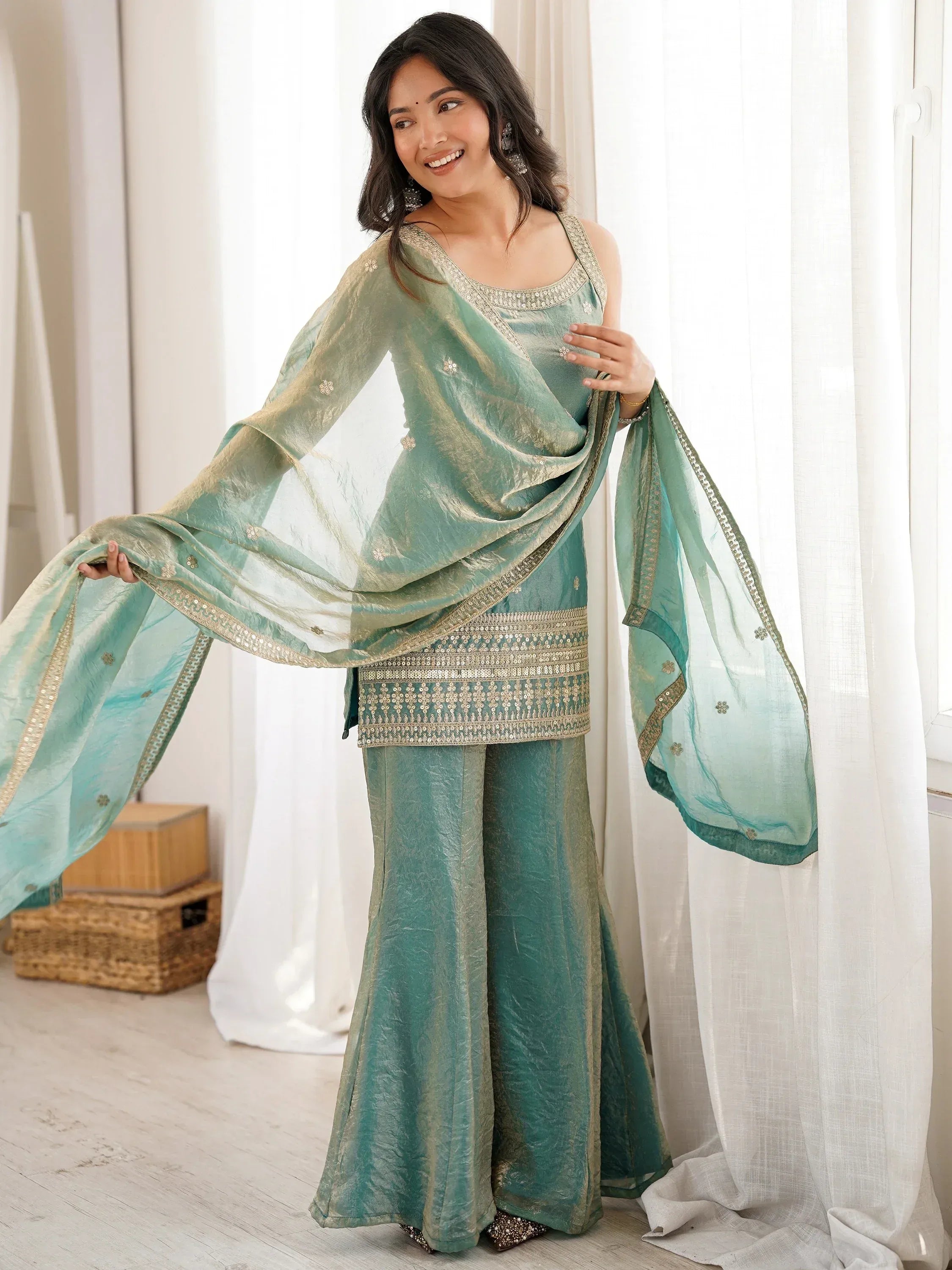 Adorable Sea Green Zari Embroidered Silk Festival Wear Palazzo Suit