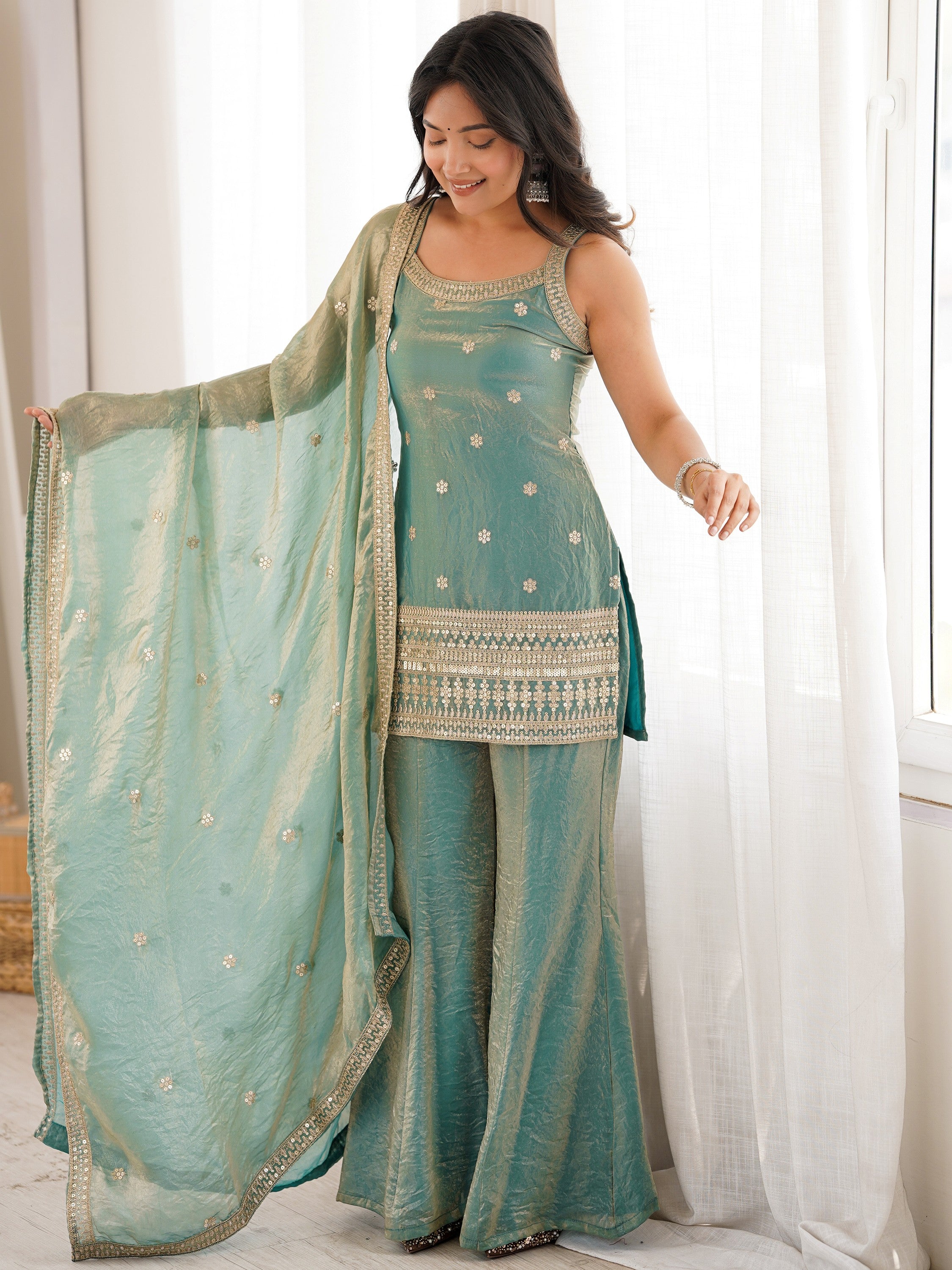 Adorable Sea Green Zari Embroidered Silk Festival Wear Palazzo Suit