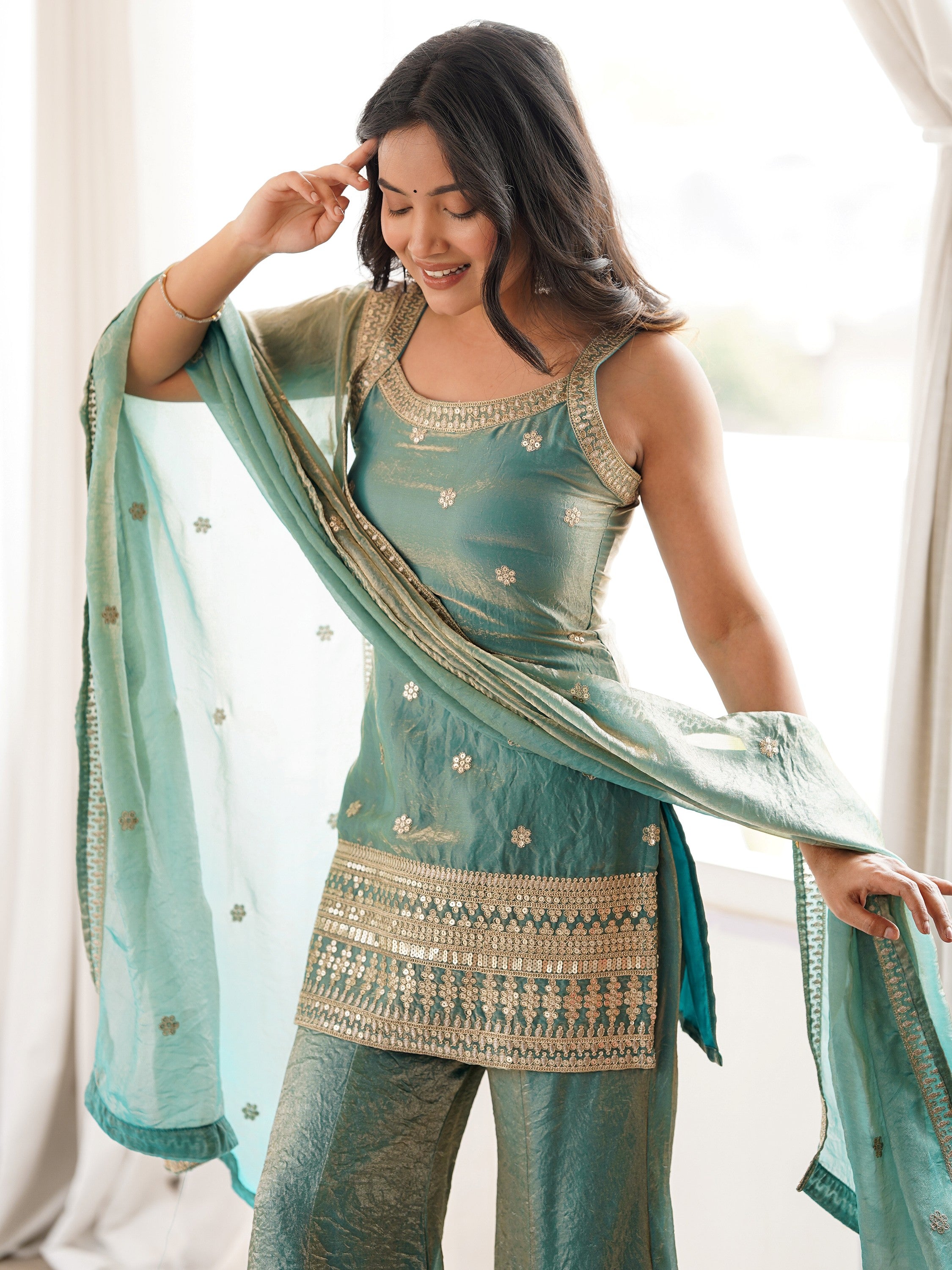 Adorable Sea Green Zari Embroidered Silk Festival Wear Palazzo Suit