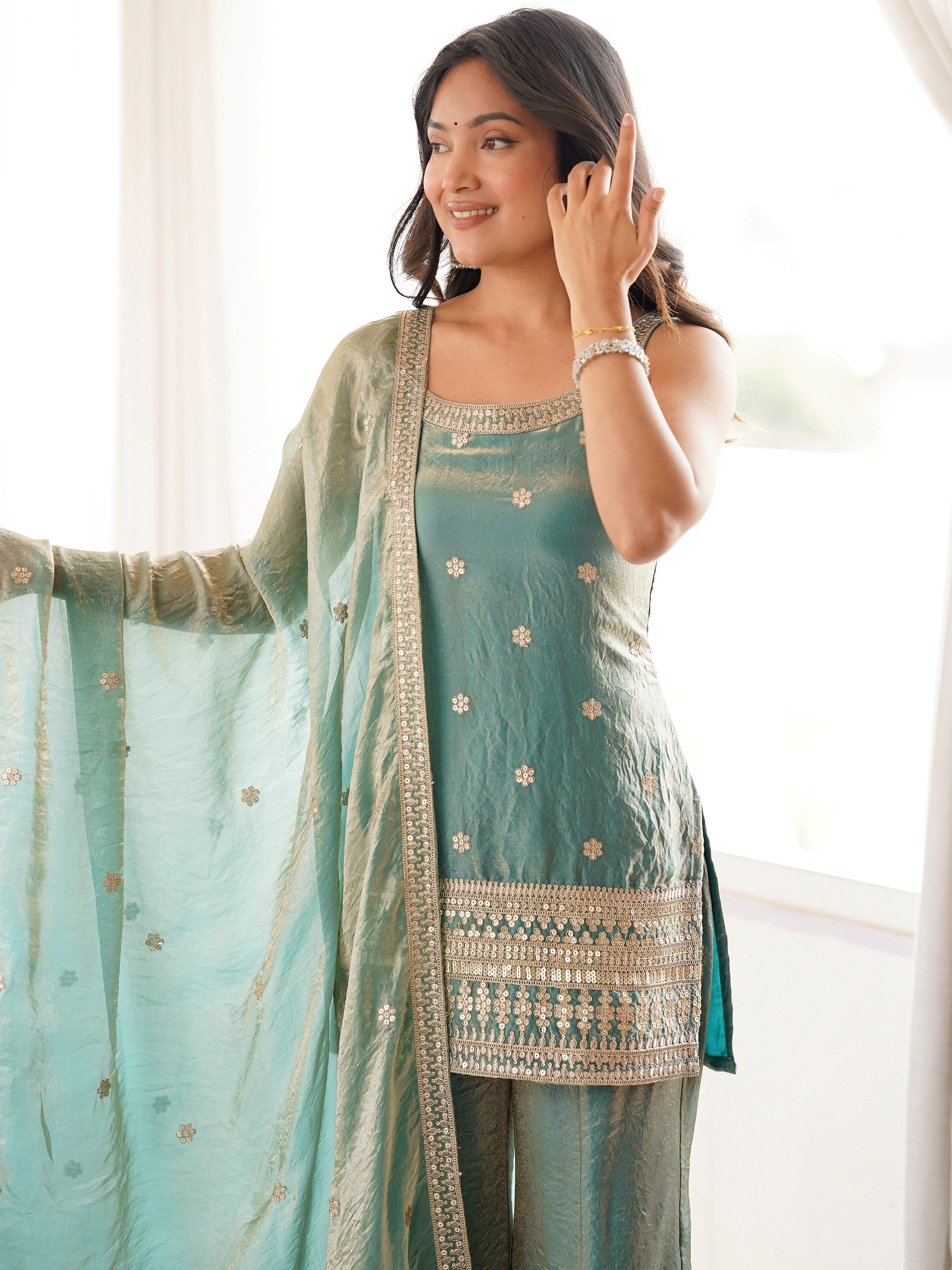 Adorable Sea Green Zari Embroidered Silk Festival Wear Palazzo Suit