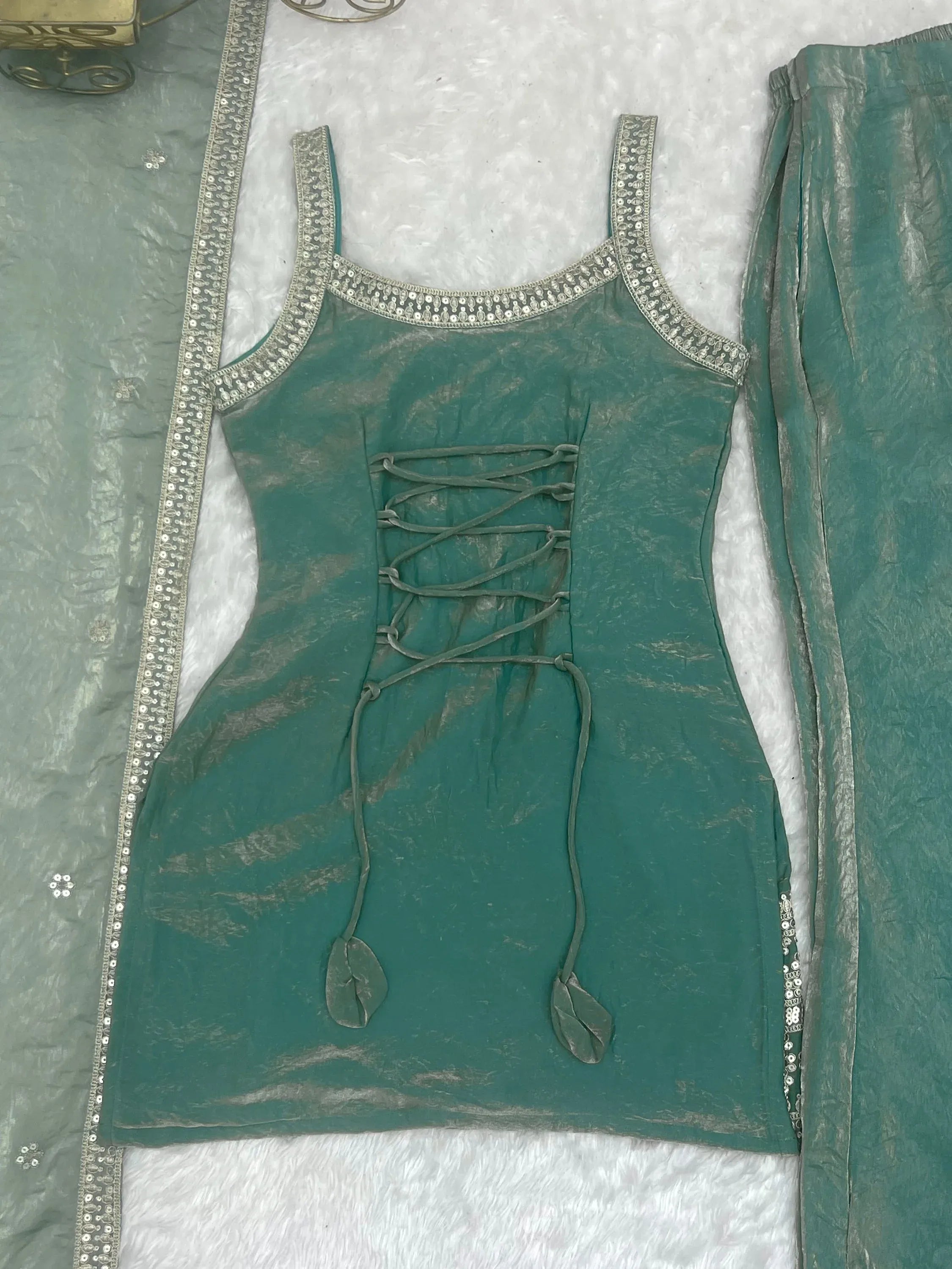 Adorable Sea Green Zari Embroidered Silk Festival Wear Palazzo Suit