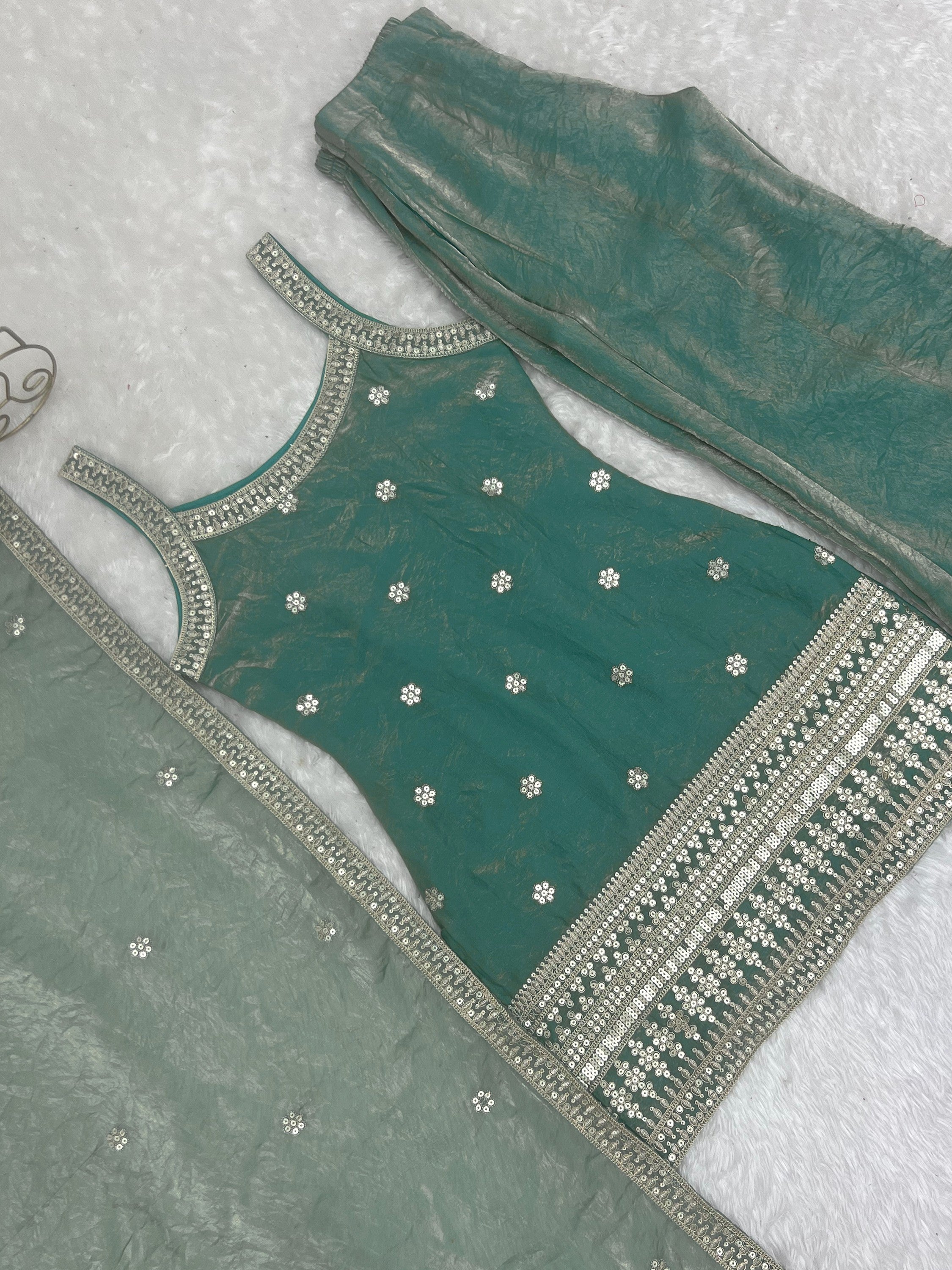 Adorable Sea Green Zari Embroidered Silk Festival Wear Palazzo Suit