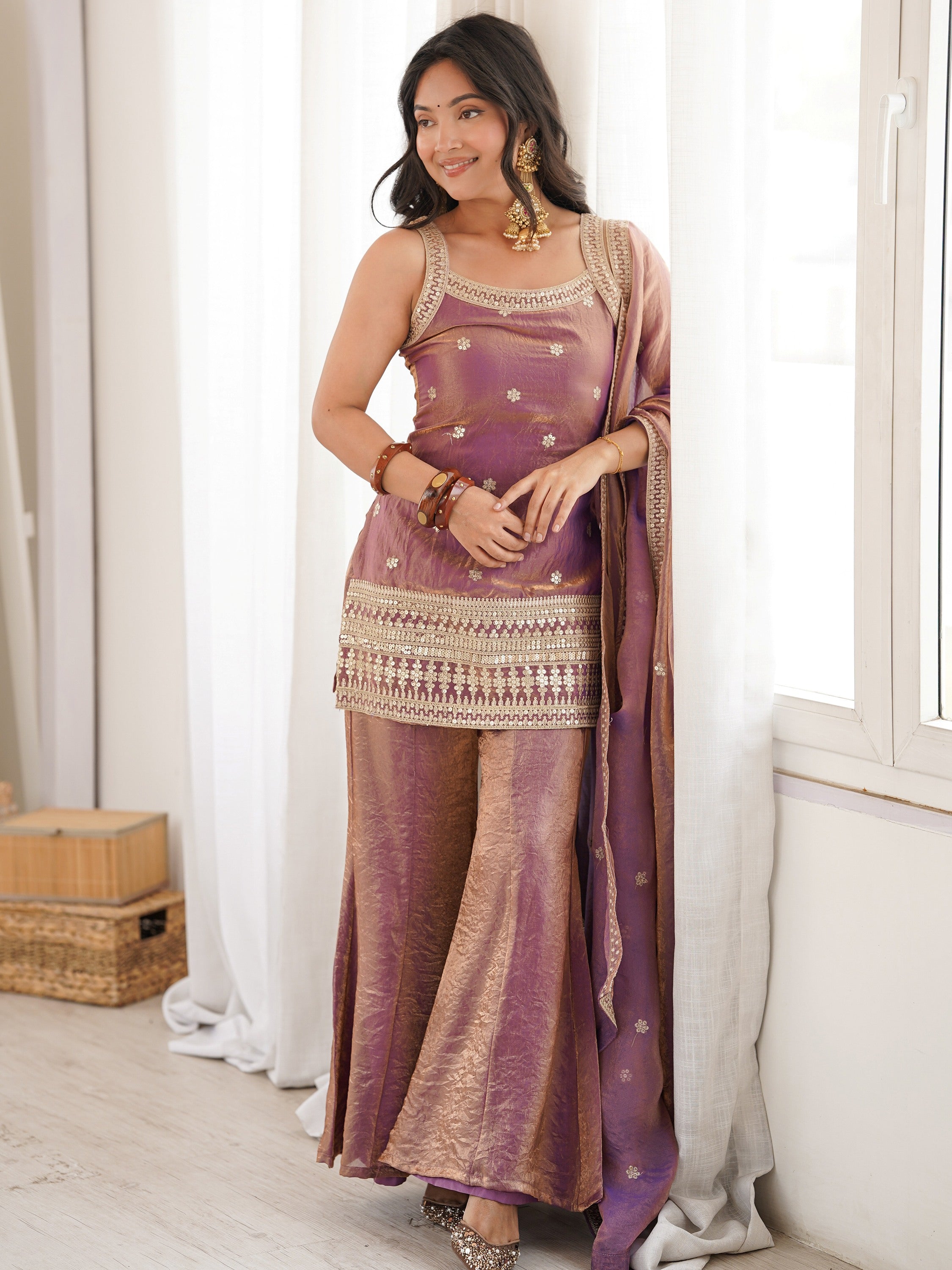 Captivating Purple Zari Embroidered Silk Function Wear Palazzo Suit