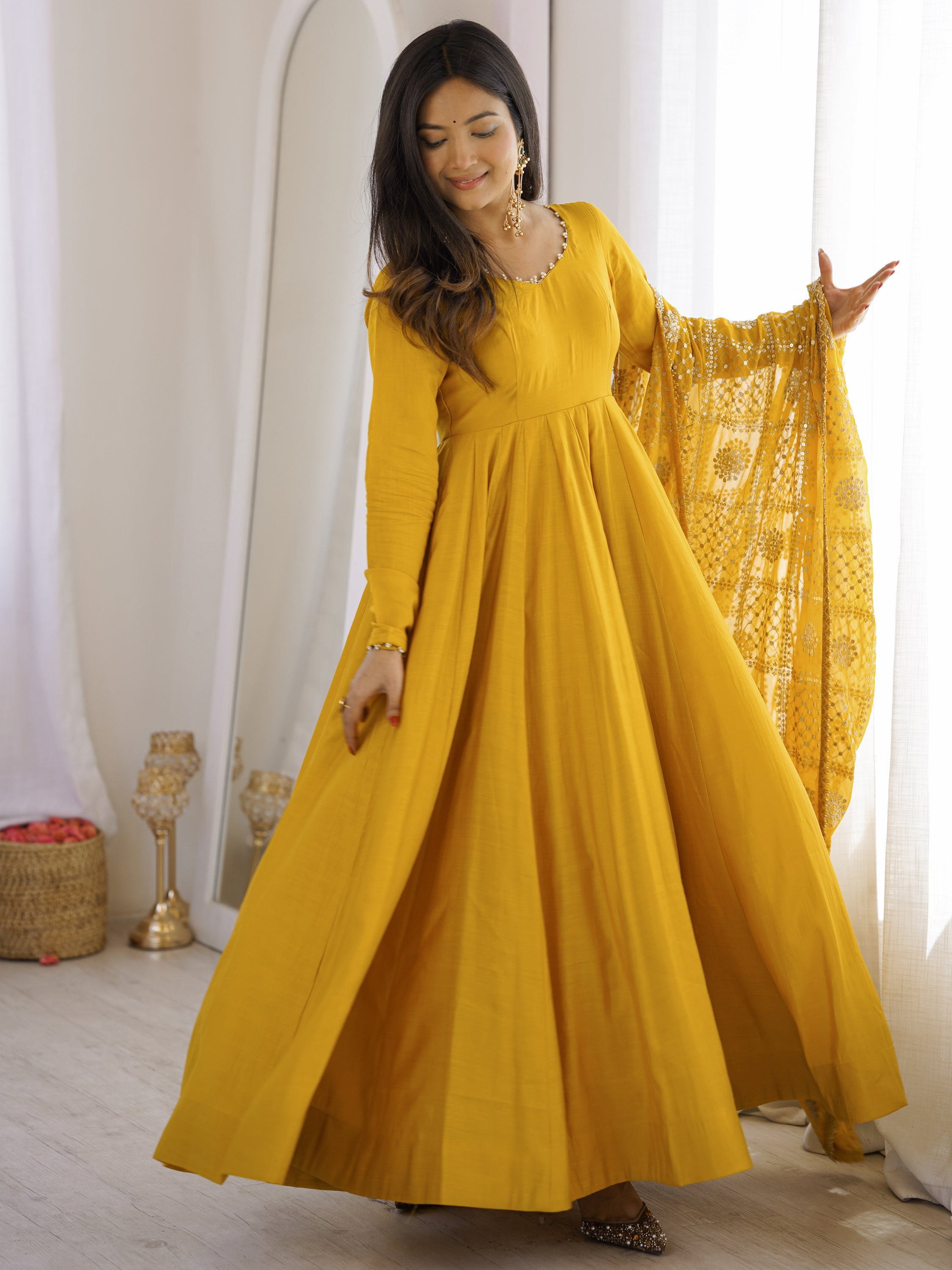 Classic Yellow Silk Haldi Wear Anarkali Suit With Embroidered Dupatta